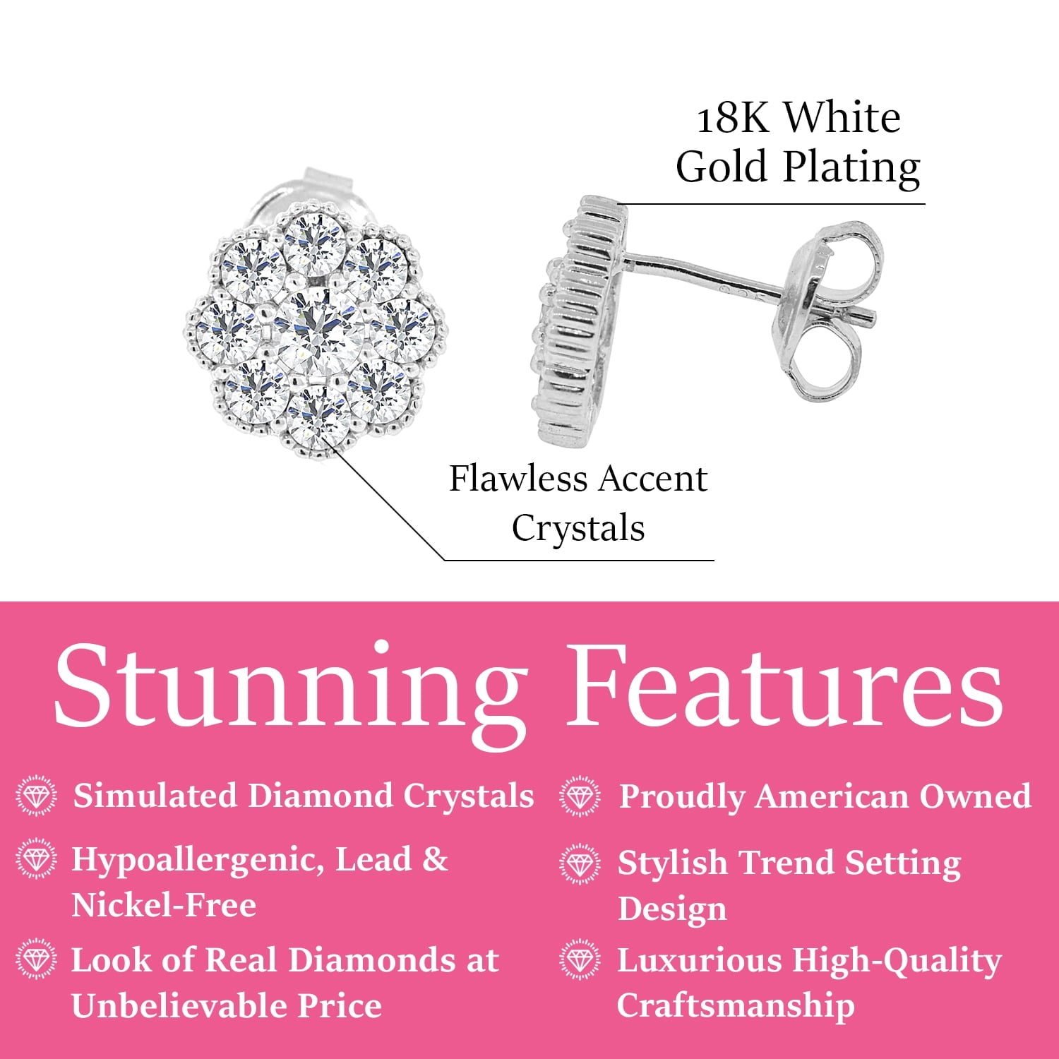 Alyssa 18k White Gold Plated Flower Stud Earrings with Simulated Diamond Crystals