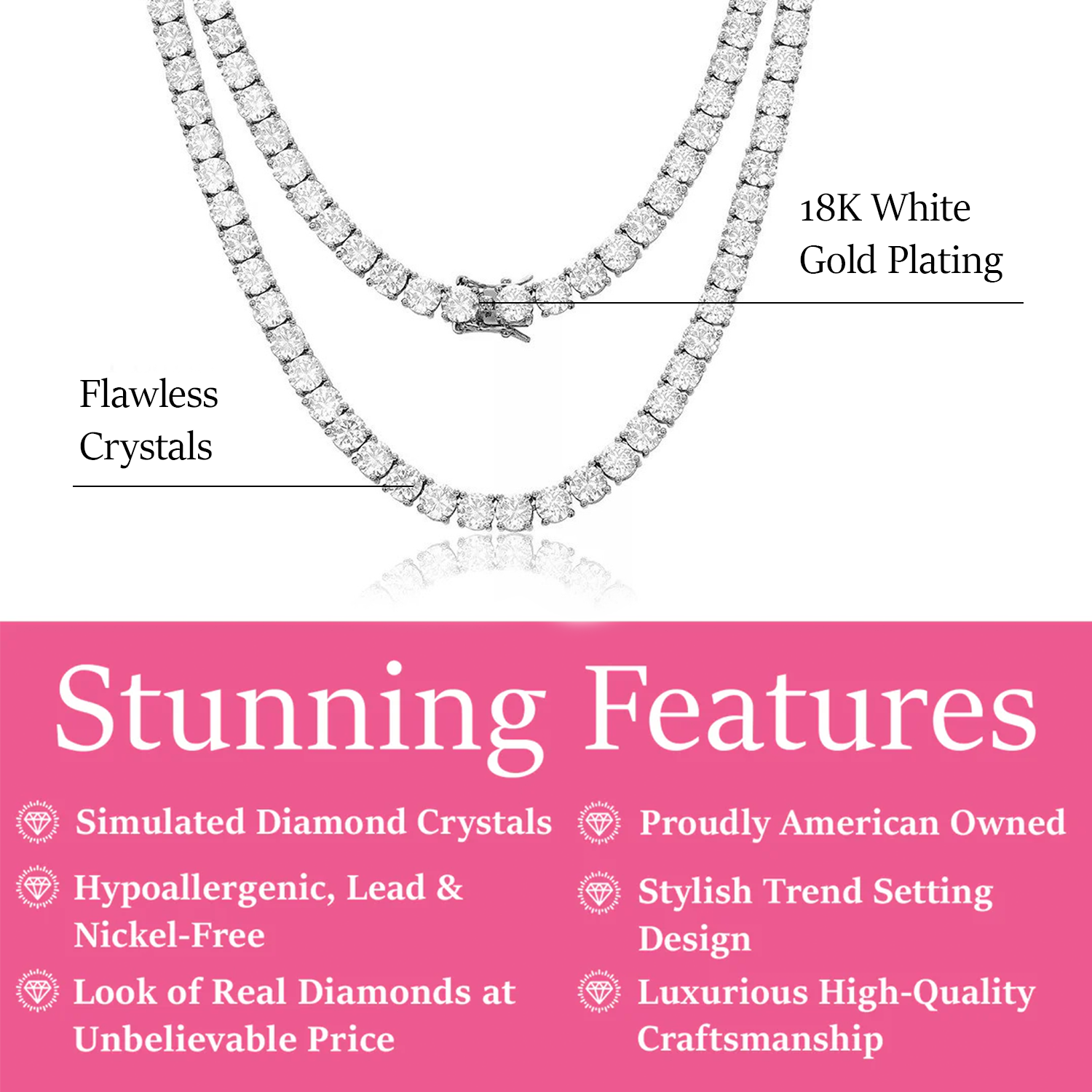 Priscilla 18k White Gold Plated Tennis Necklace with Simulated Diamond Crystals