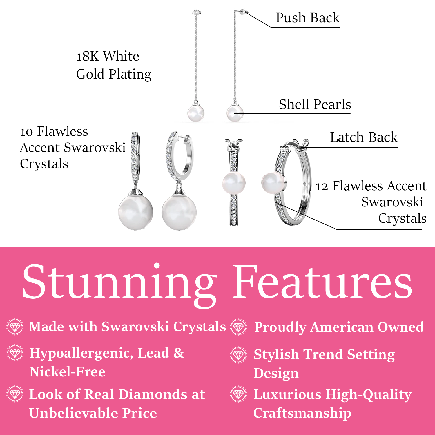 Pack of 3 - Nyla, Daphne, Aspen 18k White Gold Plated Earrings for Women