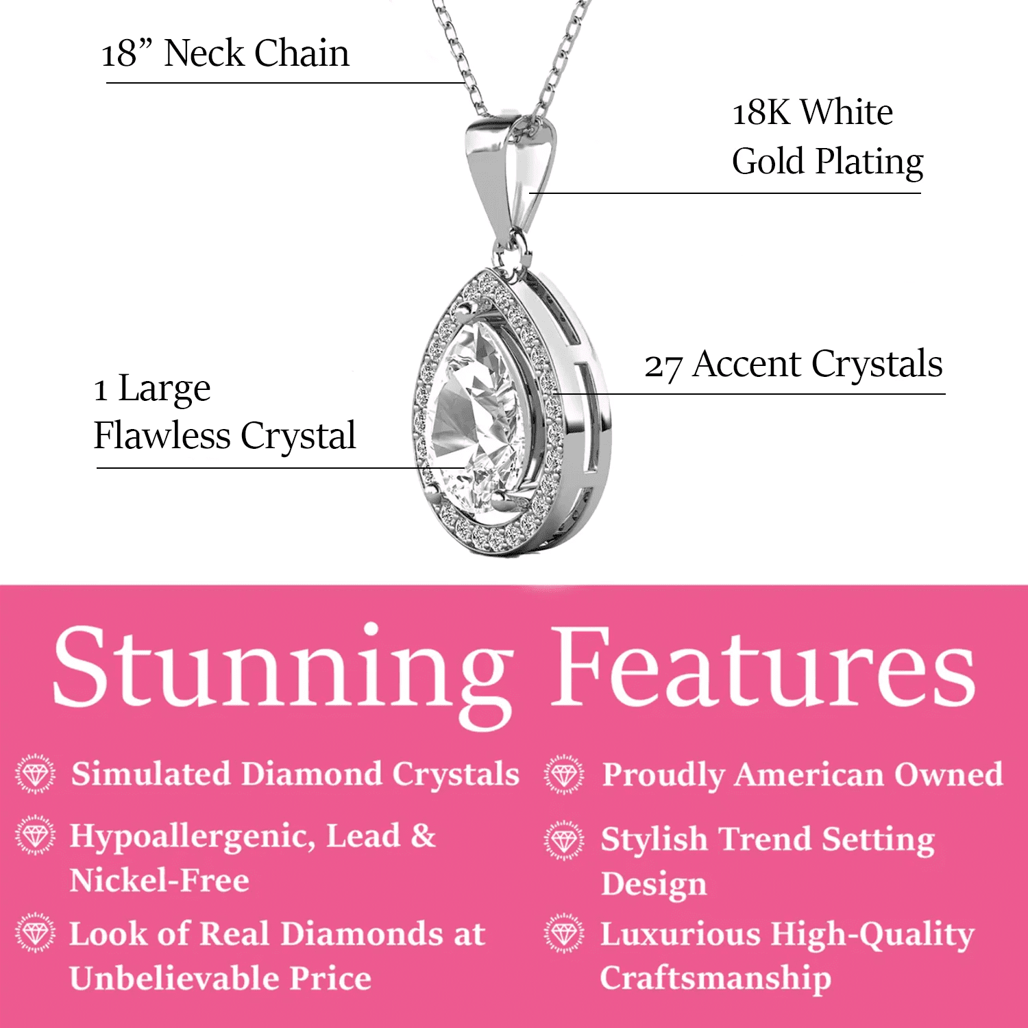 Isabel 18k White Gold Plated Halo Teardrop Necklace with Simulated Diamond Crystal