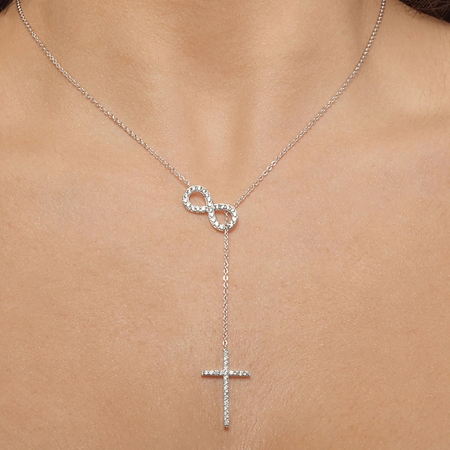 Mary Sterling Silver Infinity Cross Y-Necklace with  Simulated Diamond Crystals