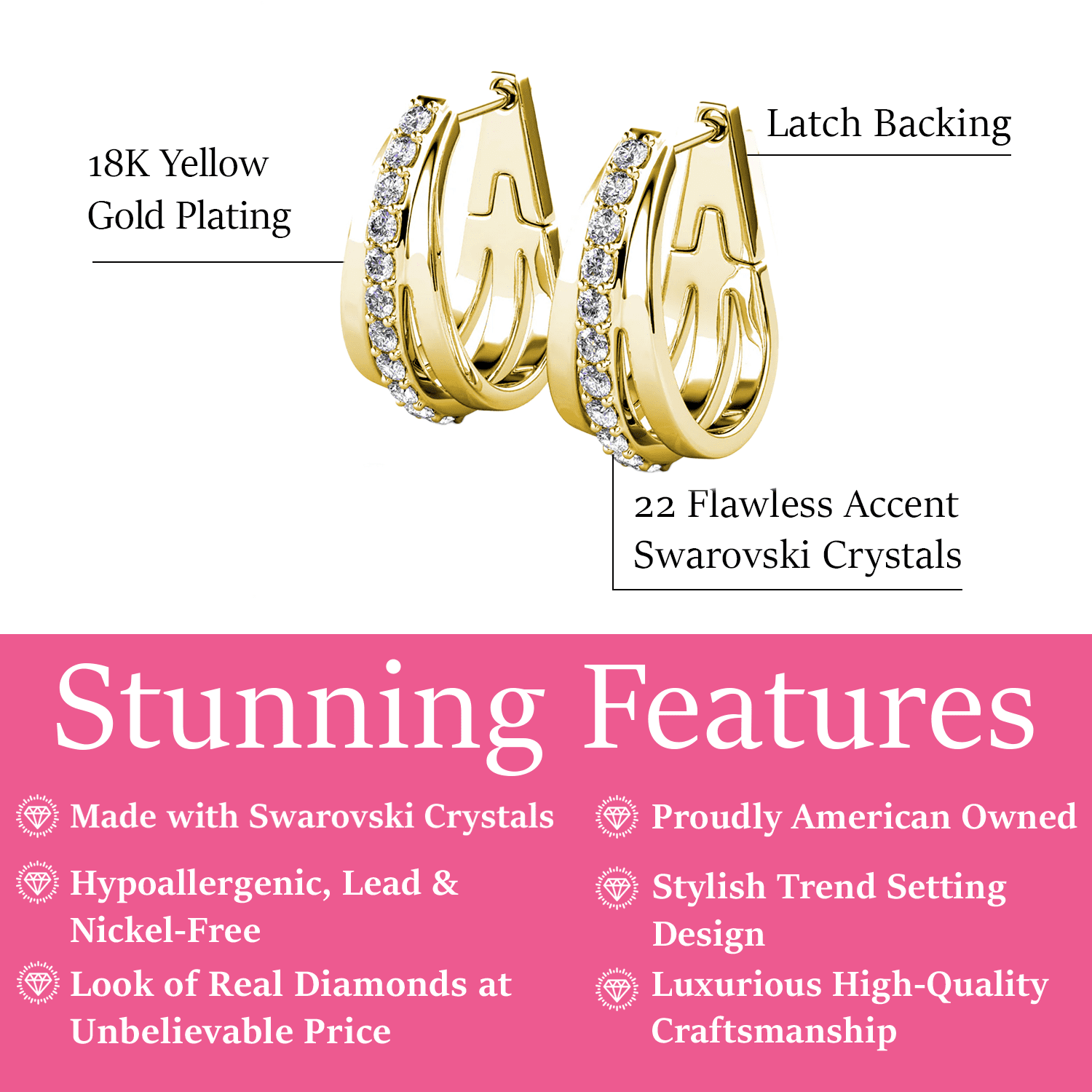 Bella 18k White Gold Plated 17mm Hoop Earrings with Swarovski Crystals