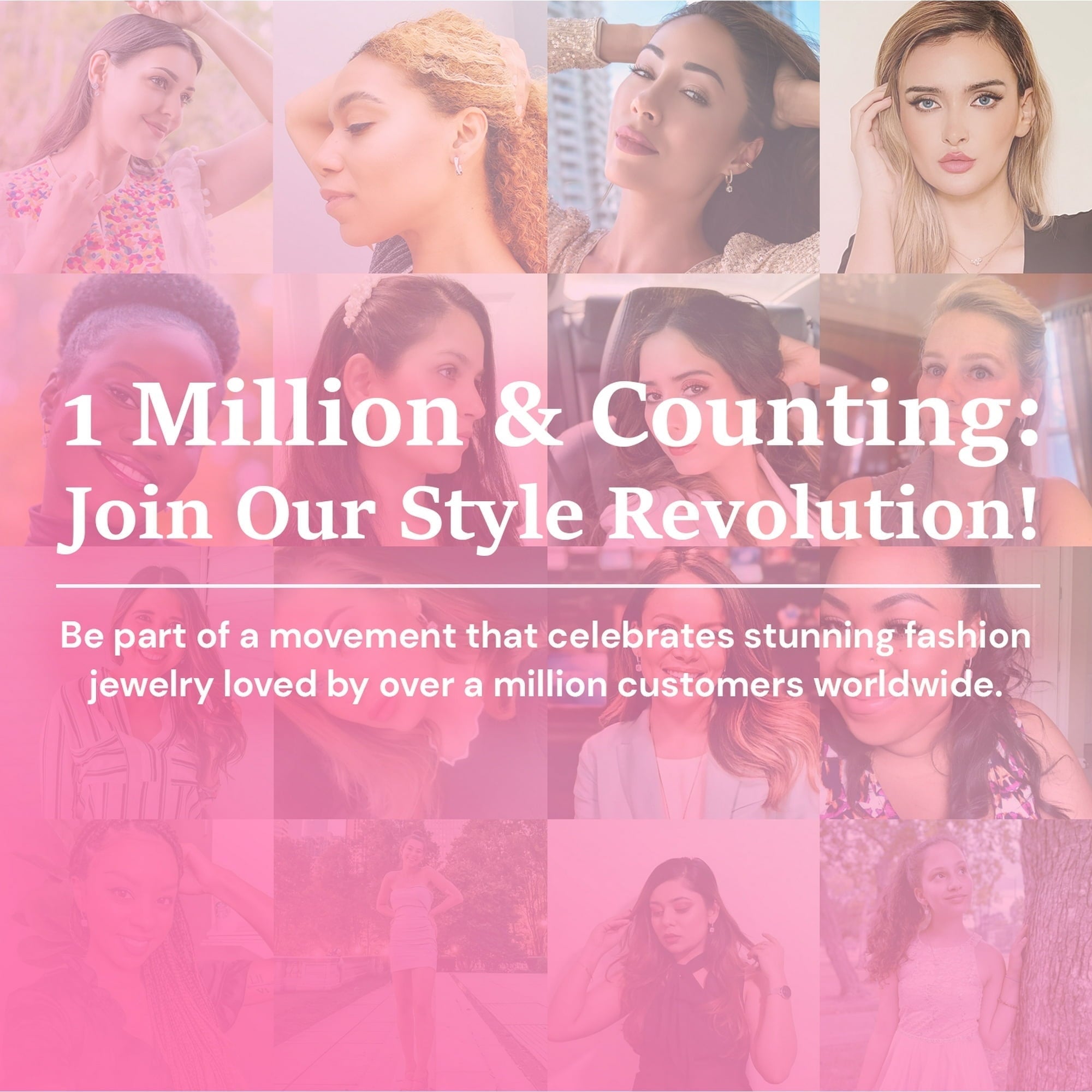 Collage of women wearing Cate & Chloe jewelry, celebrating 1M+ customers.