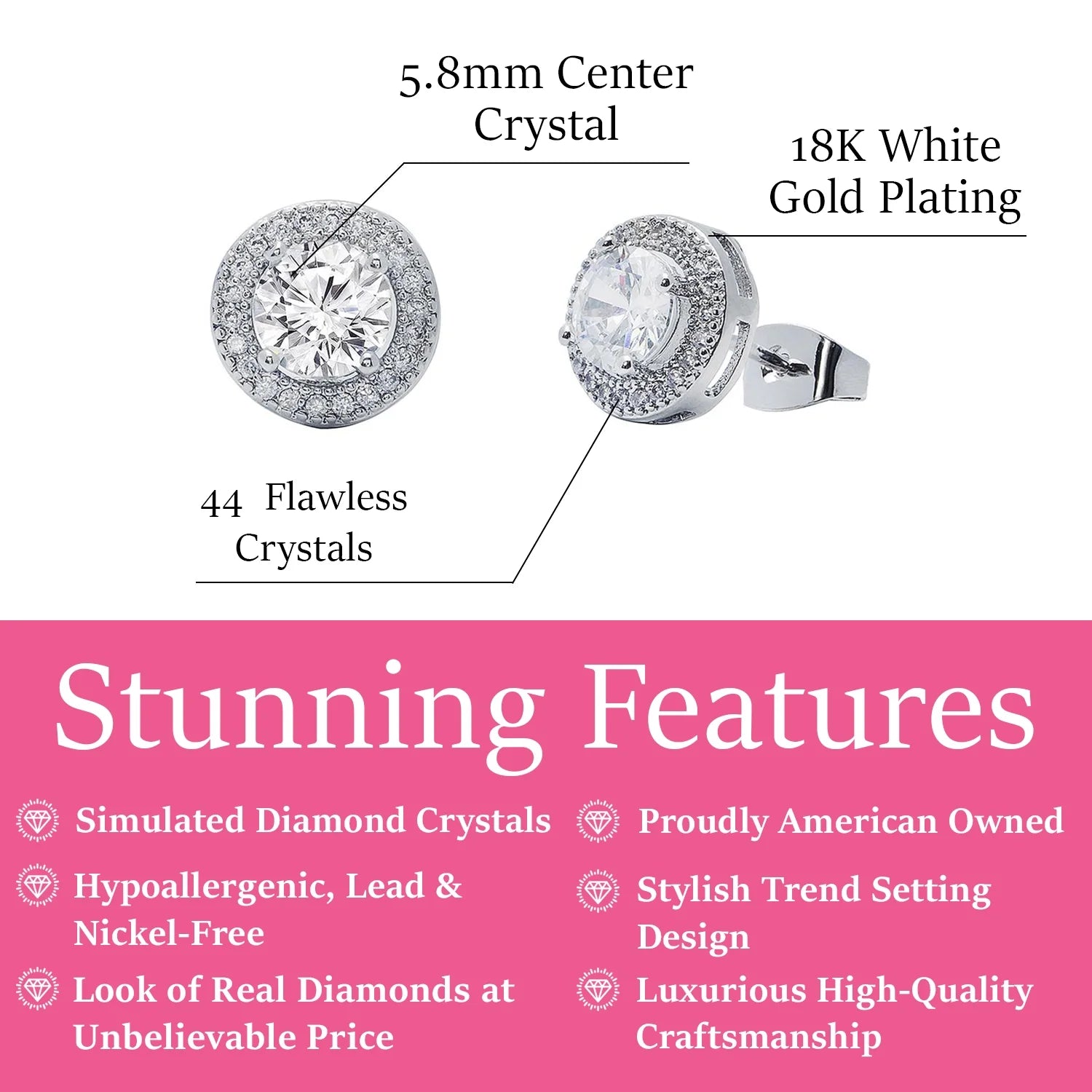 Mariah 18k White Gold Plated Halo Stud Earrings with Round Cut Simulated Diamond Crystals