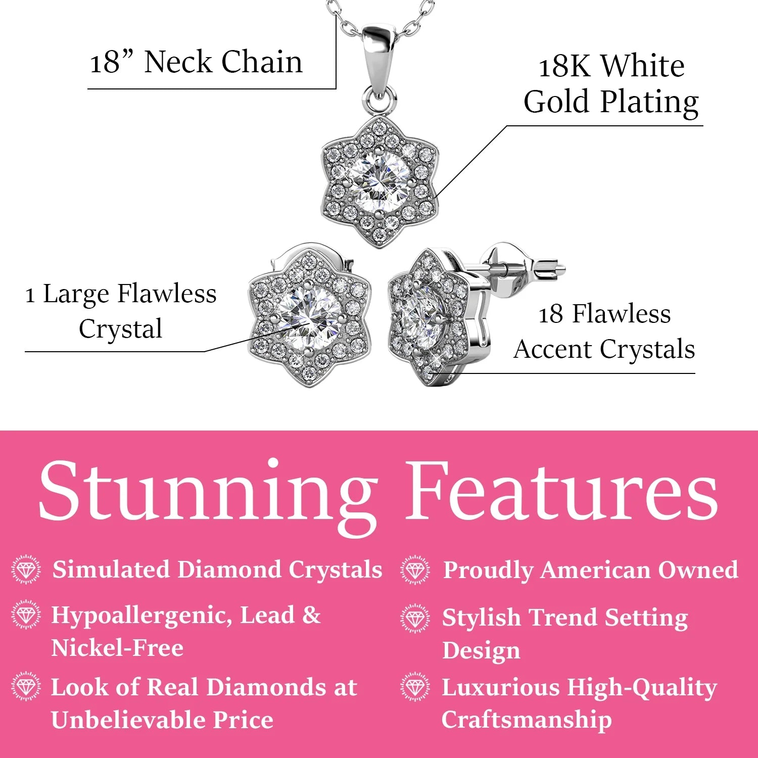 Poppy 18k White Gold Plated Pendant Necklace & Stud Earrings Set with Simulated Diamond Crystals