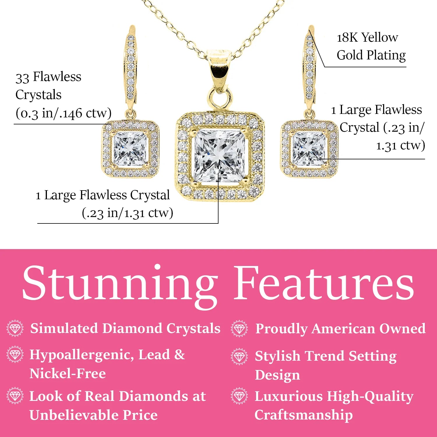 Ivy 18k White Gold Plated Dangle Earring and Necklace Jewelry Set with Simulated Diamond Crystals