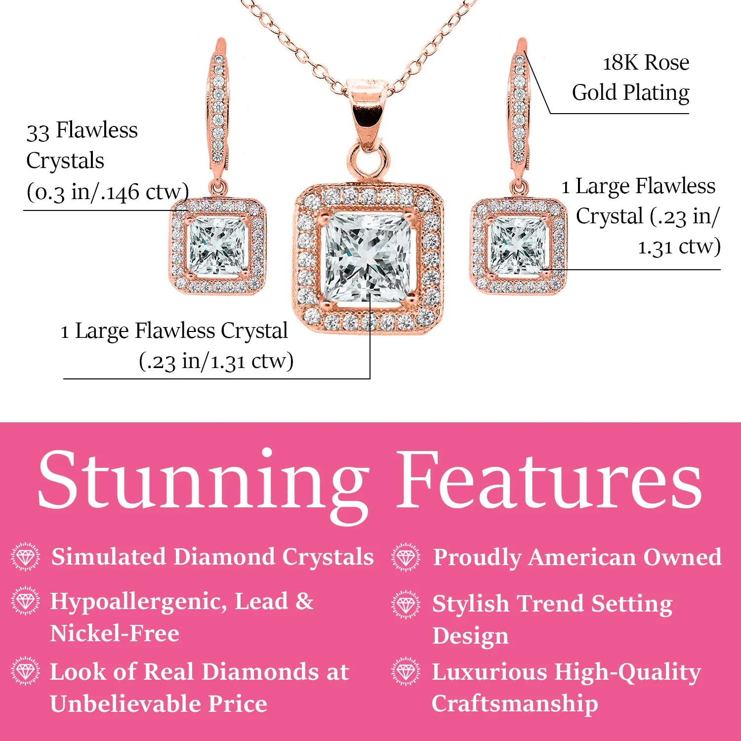 Ivy 18k White Gold Plated Dangle Earring and Necklace Jewelry Set with Simulated Diamond Crystals