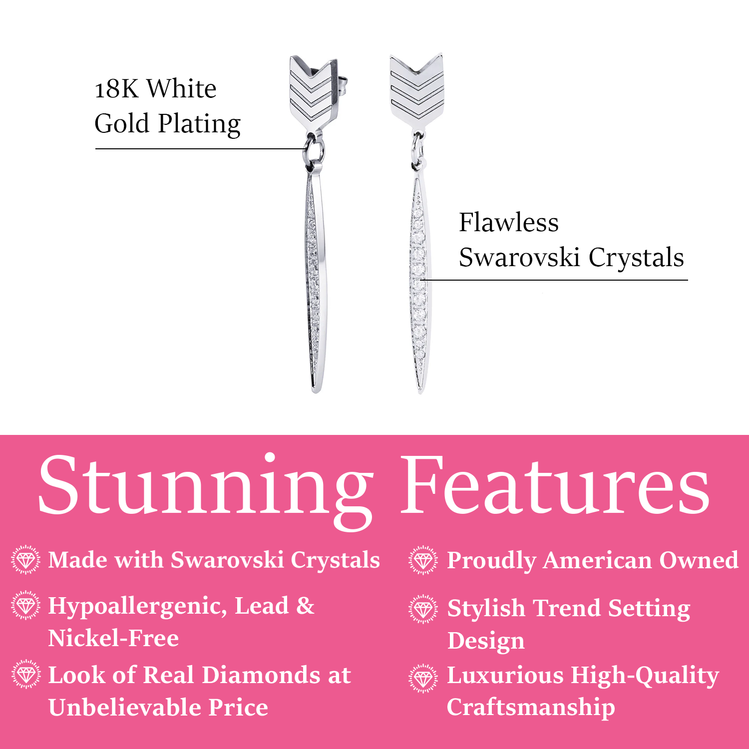 Addison 18k White Gold Plated Arrow Drop Dangle Earrings with Simulated Diamond Crystals — Final Sal