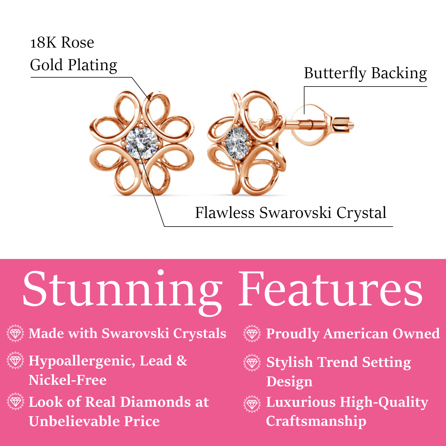 Alexis 18k White Gold Plated Flower Stud Earrings with Swarovski Crystals