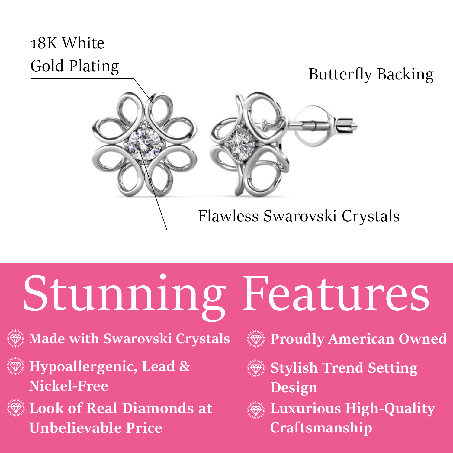 Alexis 18k White Gold Plated Flower Stud Earrings with Swarovski Crystals