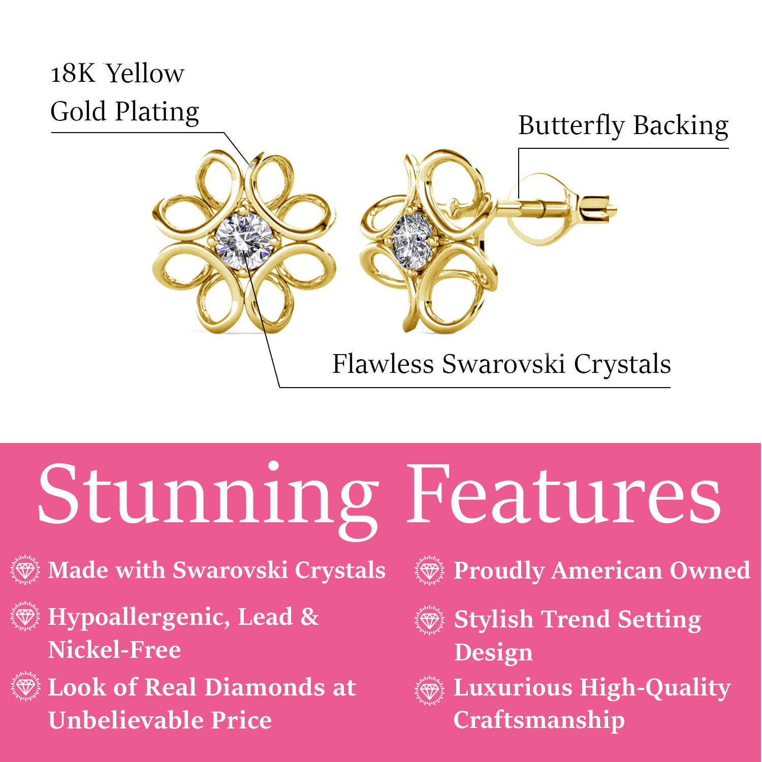 Alexis 18k White Gold Plated Flower Stud Earrings with Swarovski Crystals