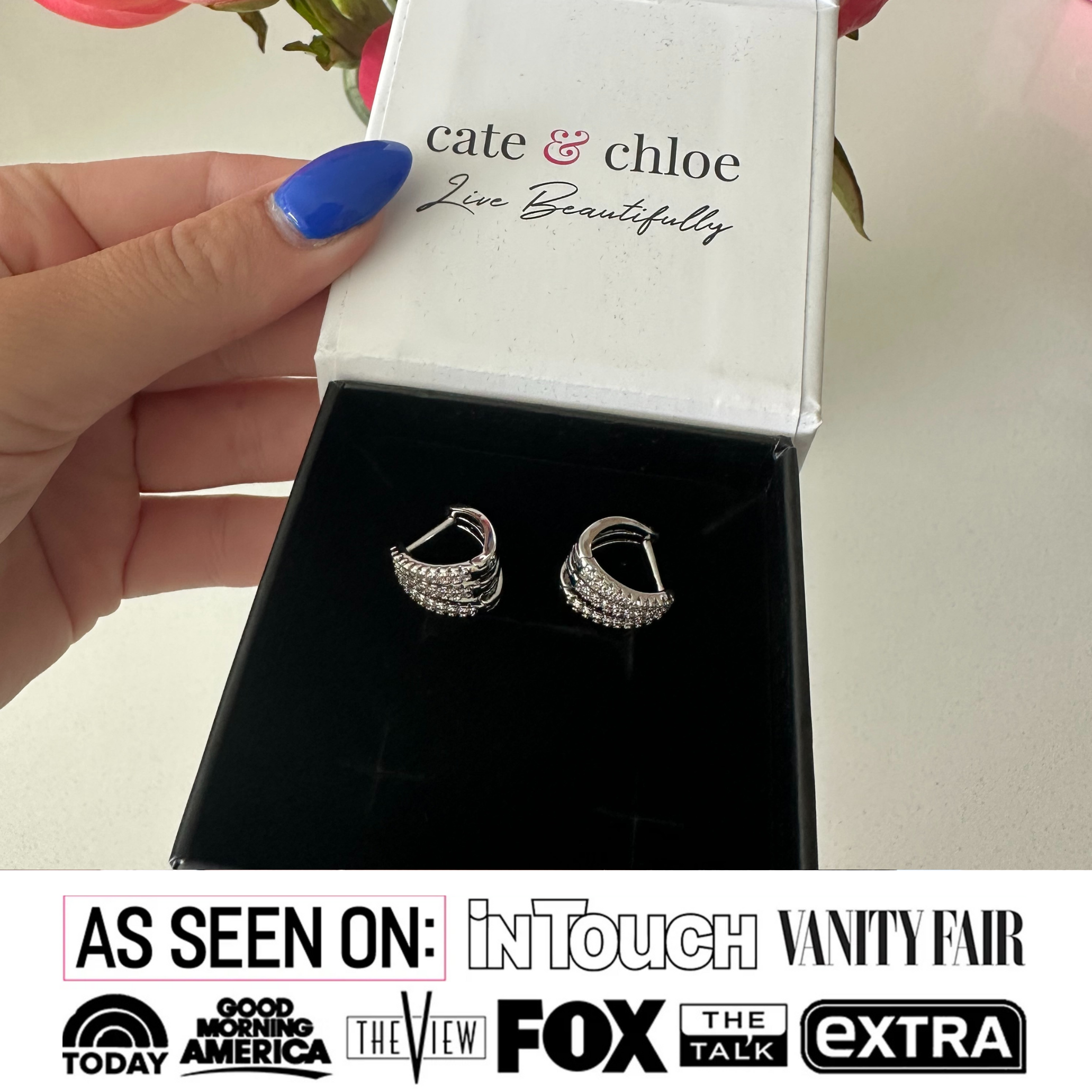 Aliyah 18k White Gold Plated 14mm Hoop Earrings with Simulated Diamond Crystals
