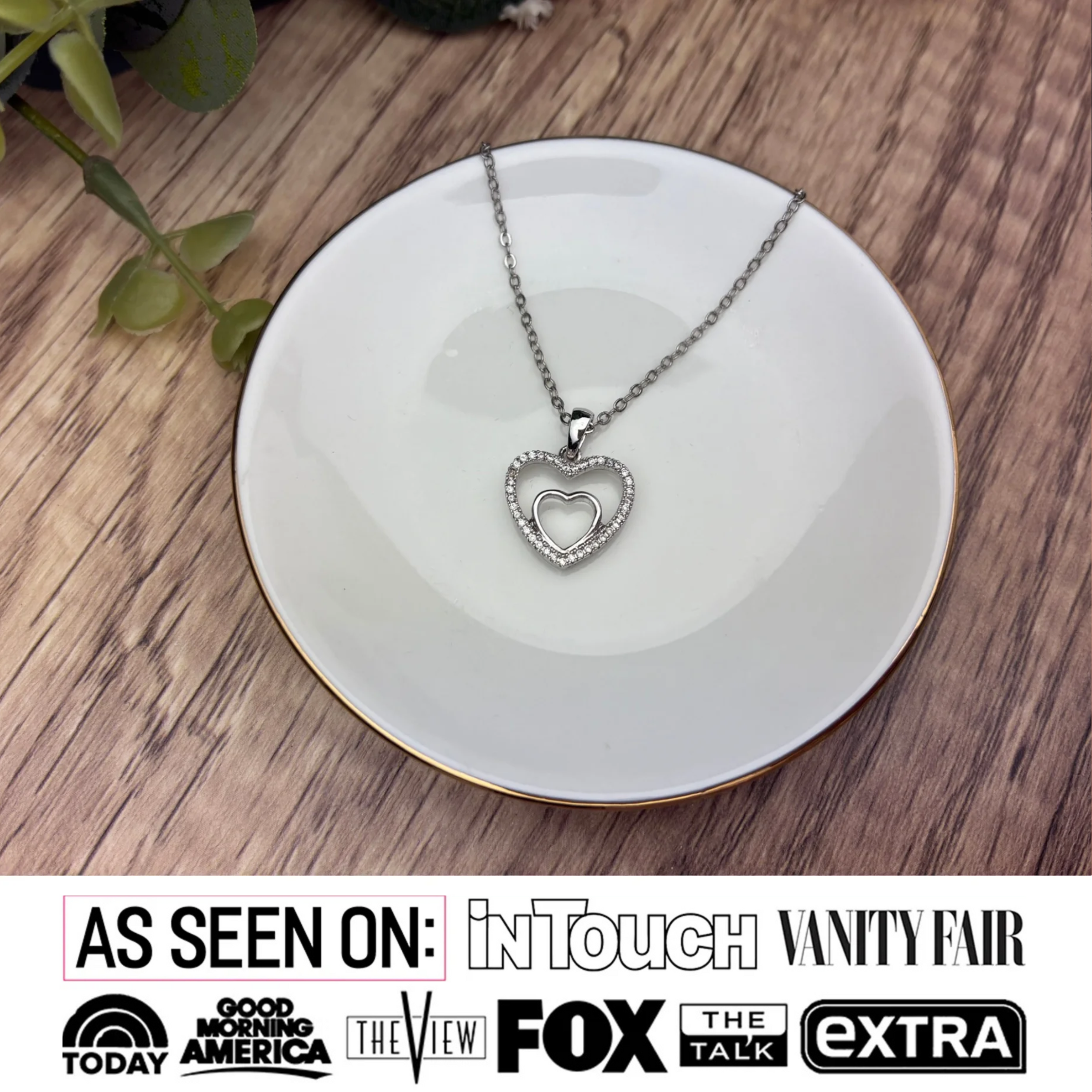 Amorette 18k White Gold Plated Double Heart Pendant Necklace with Pave Simulated Diamond Crystals