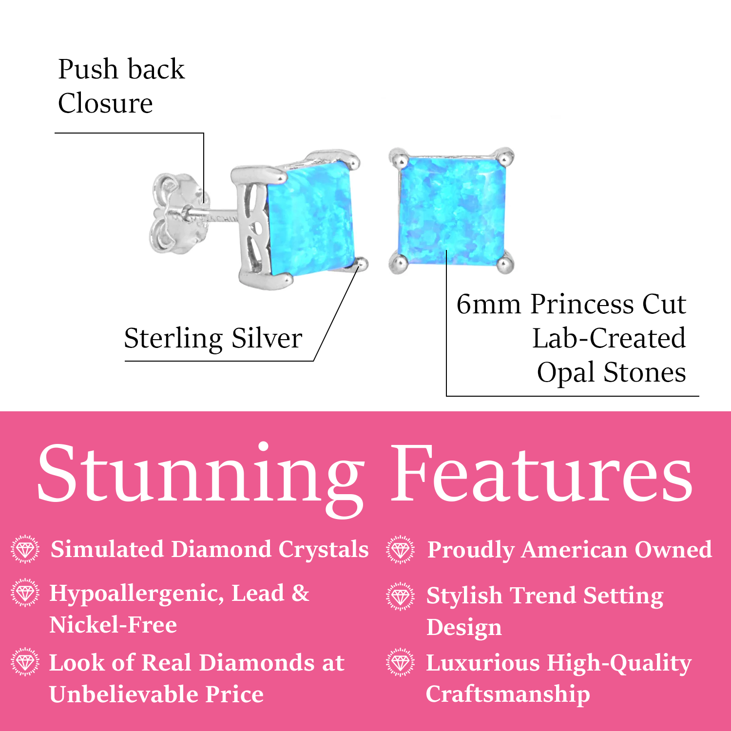 Amphitrite 18k White Gold Plated Stud Earrings with Princess Cut Opal Stones