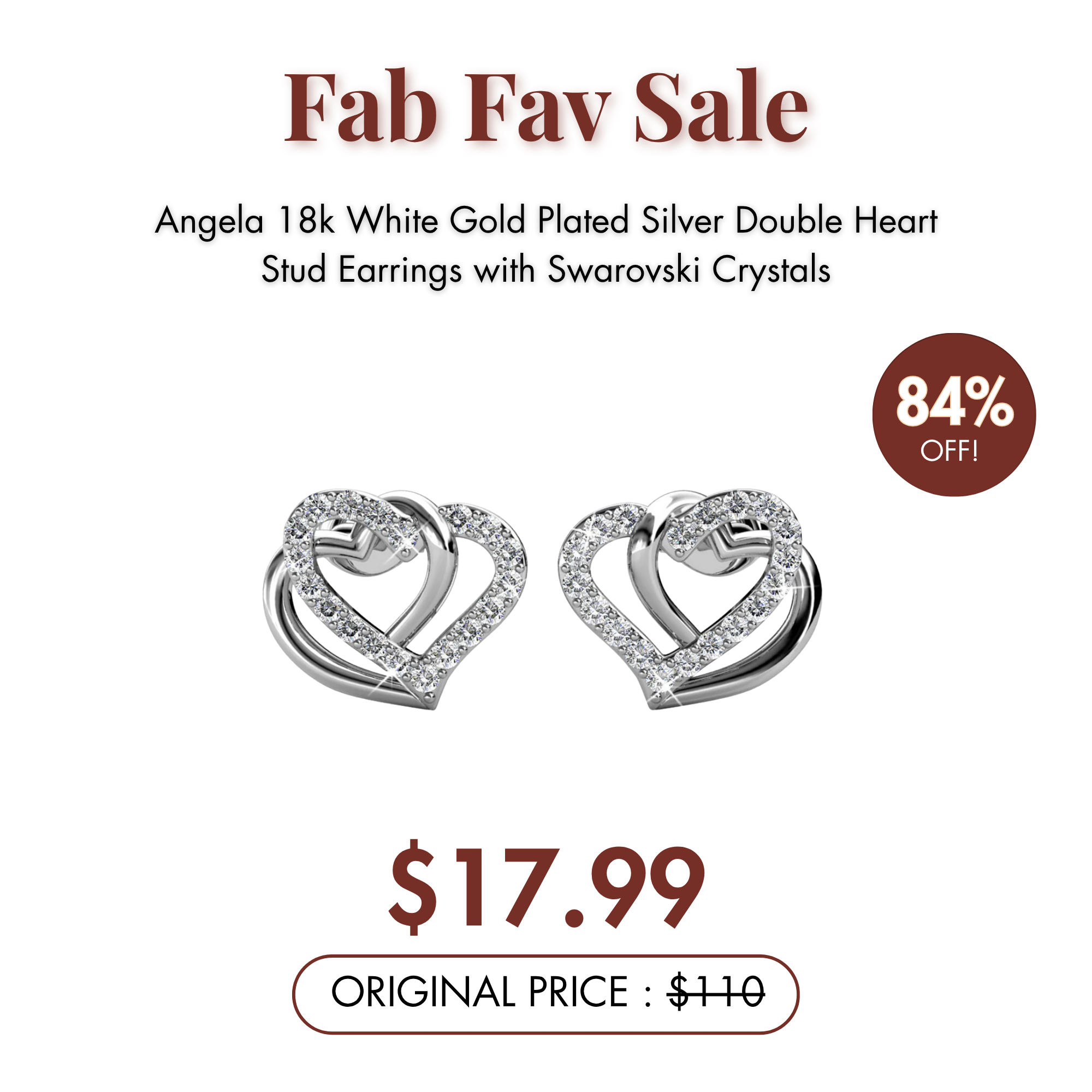 Angela 18k White Gold Plated Silver Double Heart Stud Earrings with Swarovski Crystals  — Fab Fav Sale