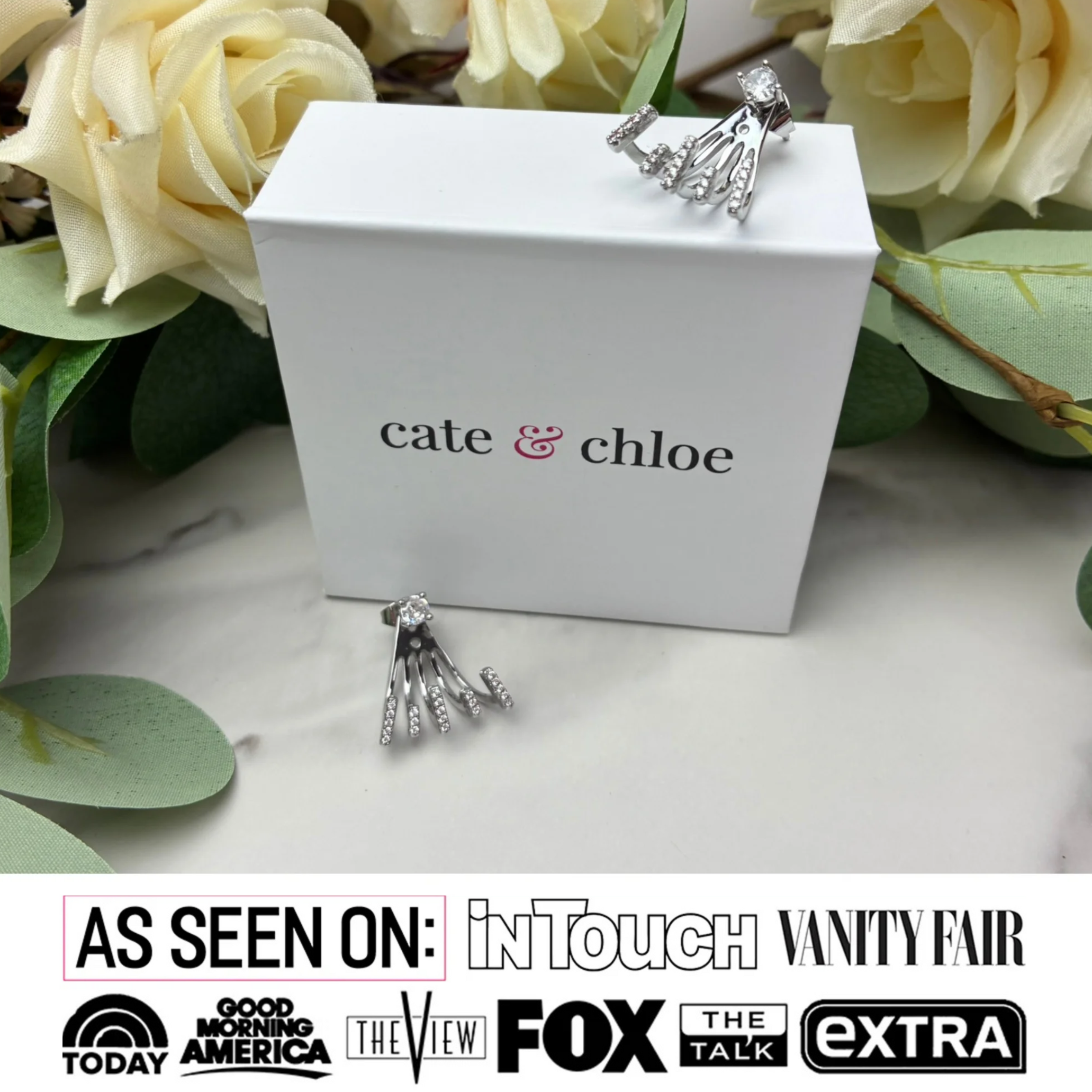 Angelina 18k White Gold Plated Stud Earrings Drop Claw Design with Simulated Diamond Crystals