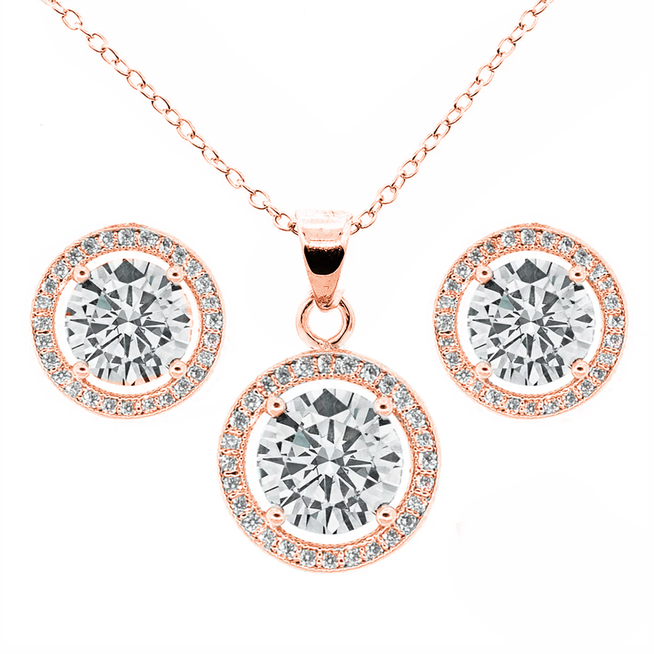 Blake 18k White Gold Plated Halo Stud Earrings and Necklace Jewelry Set with Simulated Diamond Crystals