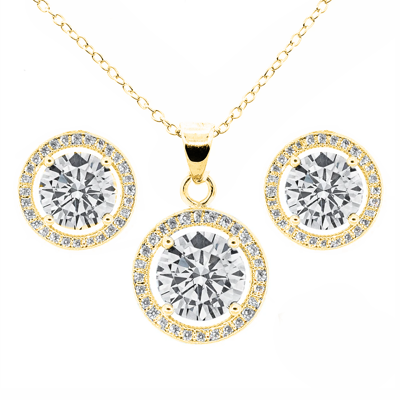 Blake 18k White Gold Plated Halo Stud Earrings and Necklace Jewelry Set with Simulated Diamond Crystals