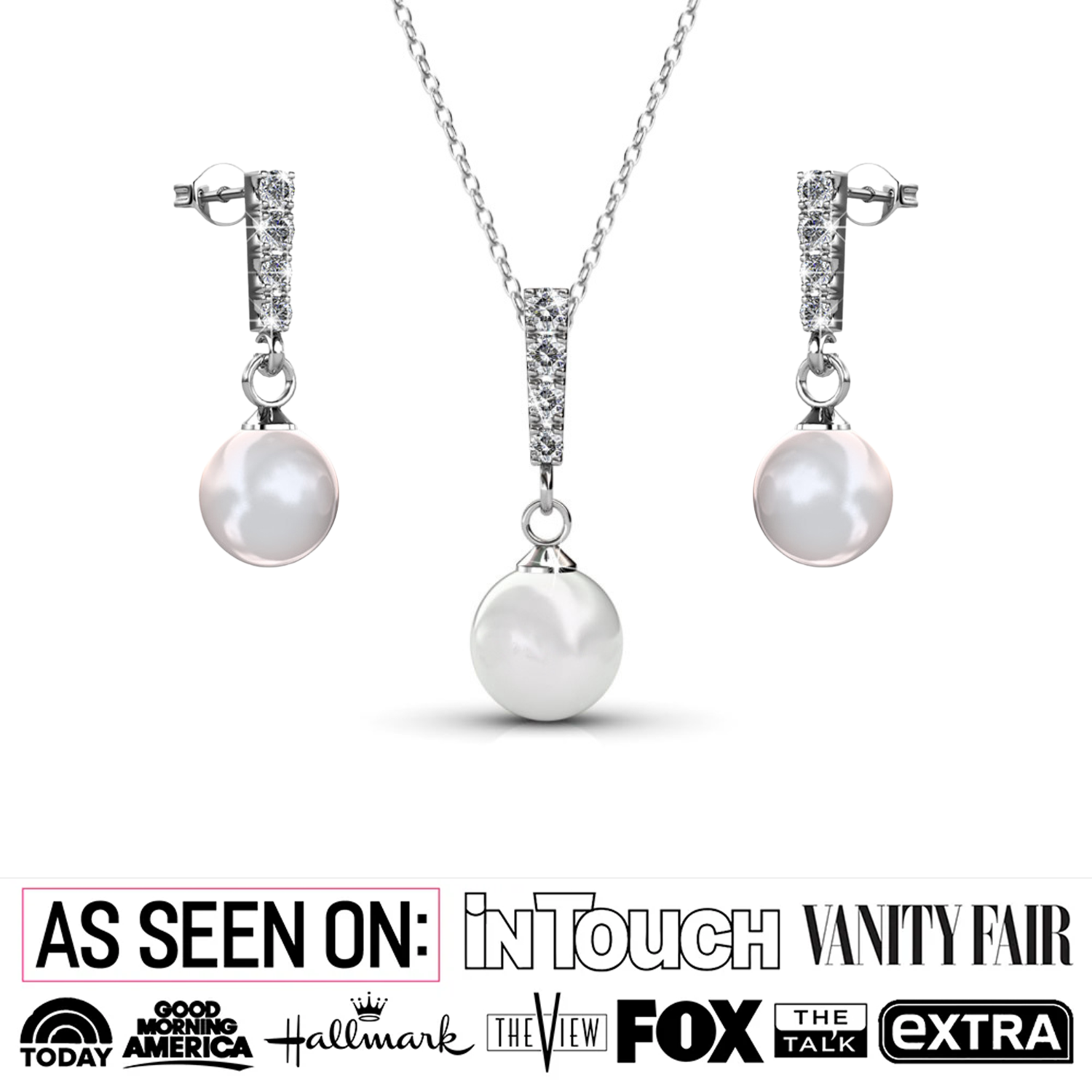 Gabrielle 18k White Gold Plated Pearl Drop Earrings and Necklace Jewelry Set with Swarovski Crystals