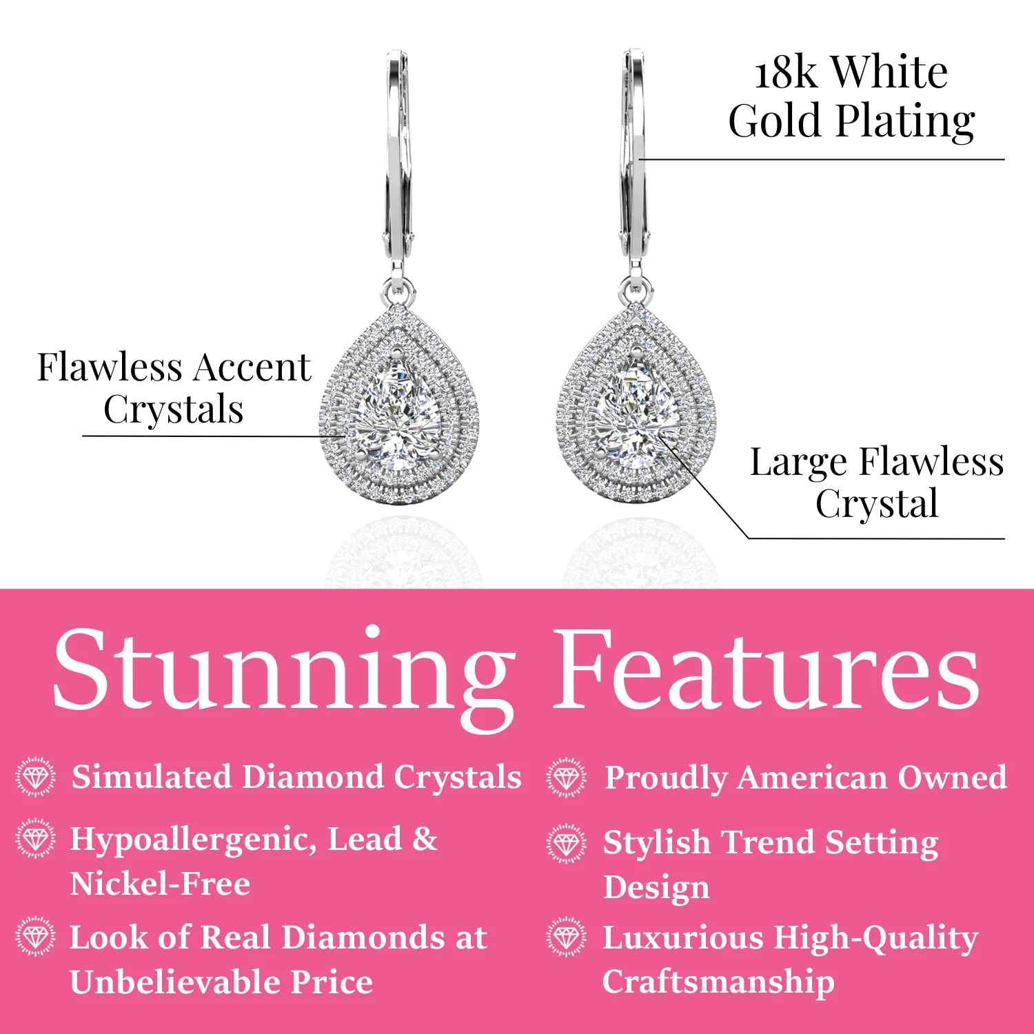 Aurelia 18k White Gold Plated Tear Drop Earrings with Simulated Diamond Crystals