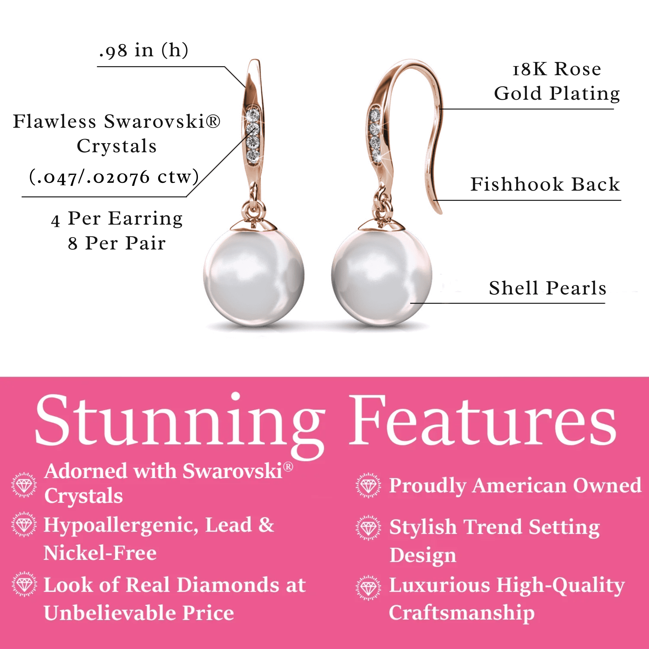 Betty 18k White Gold Plated Shell Pearl Drop Dangle Earrings with Swarovski Crystals