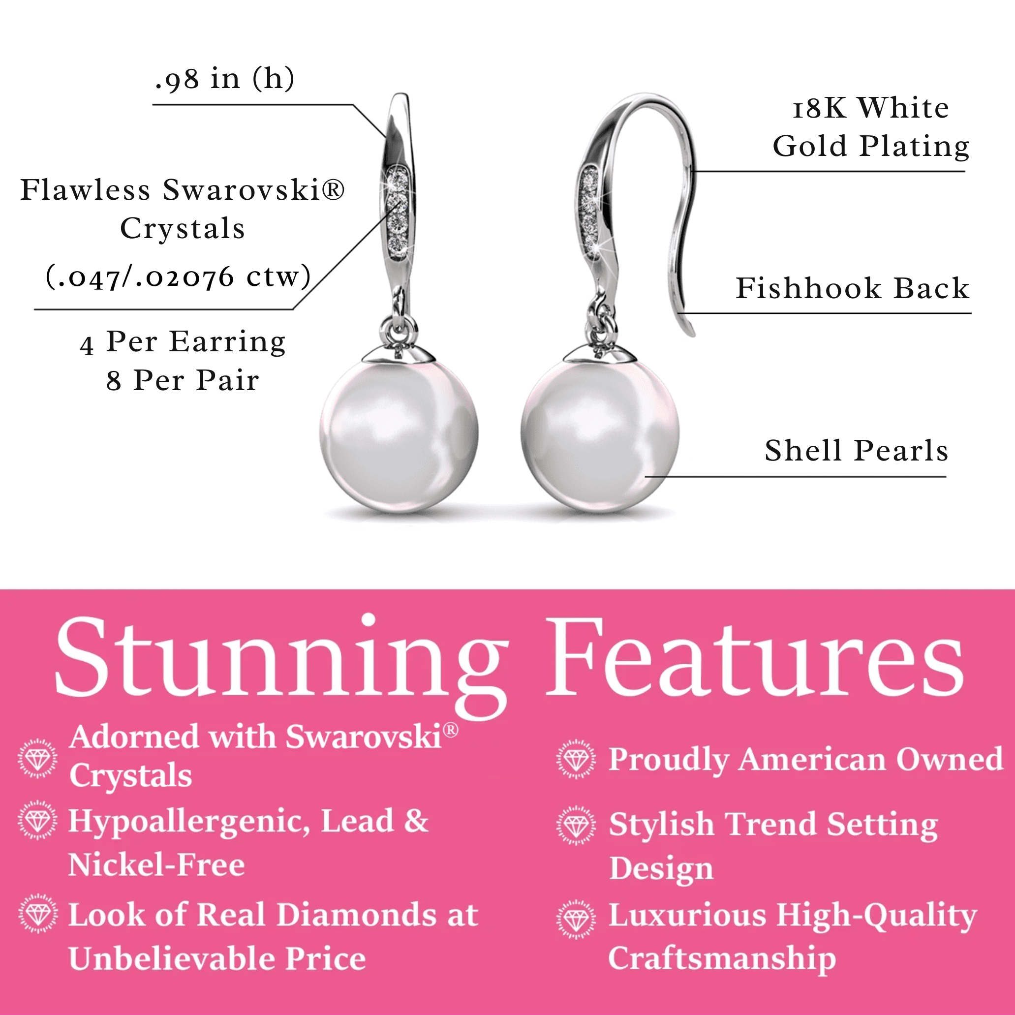 Betty 18k White Gold Plated Shell Pearl Drop Dangle Earrings with Swarovski Crystals
