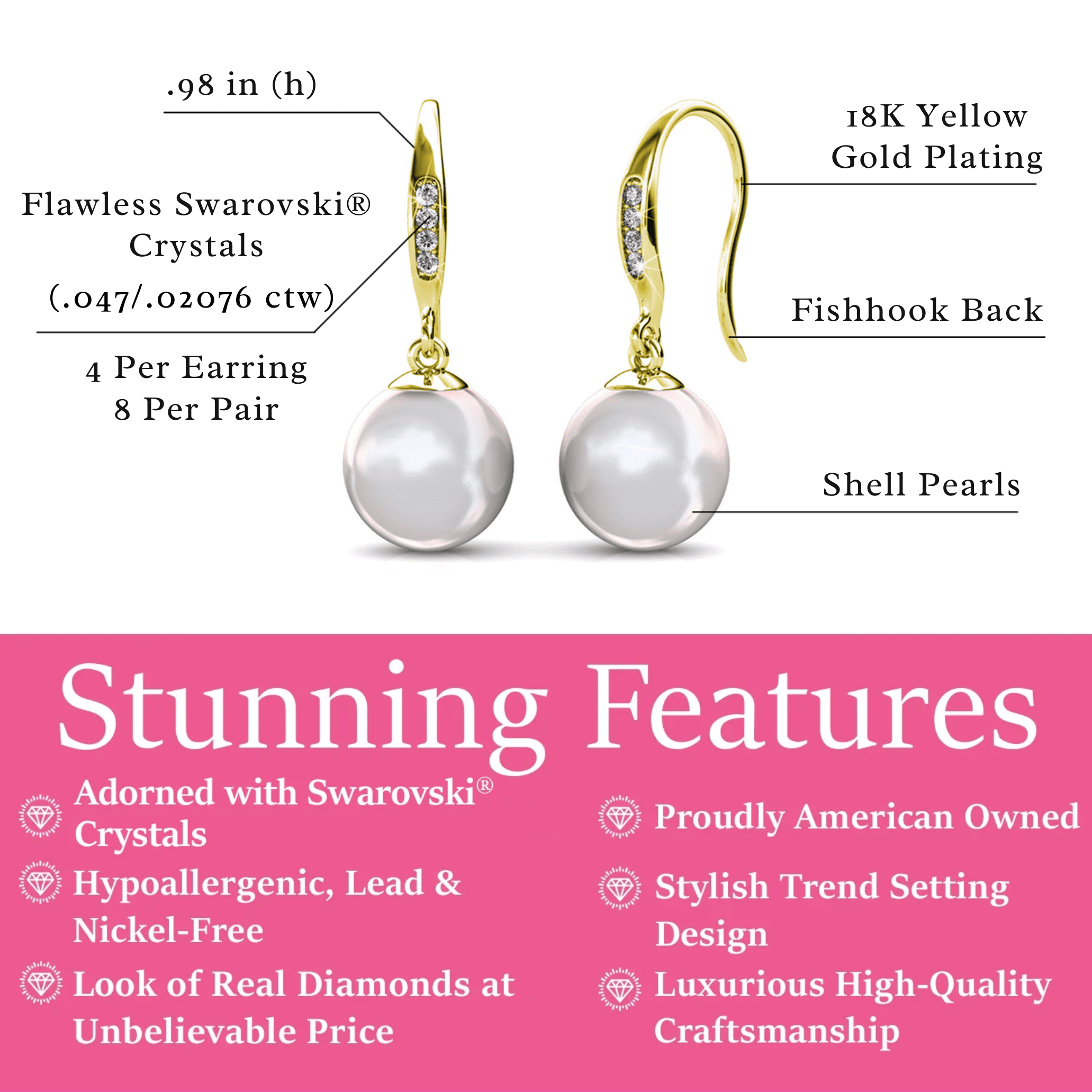 Betty 18k White Gold Plated Shell Pearl Drop Dangle Earrings with Swarovski Crystals