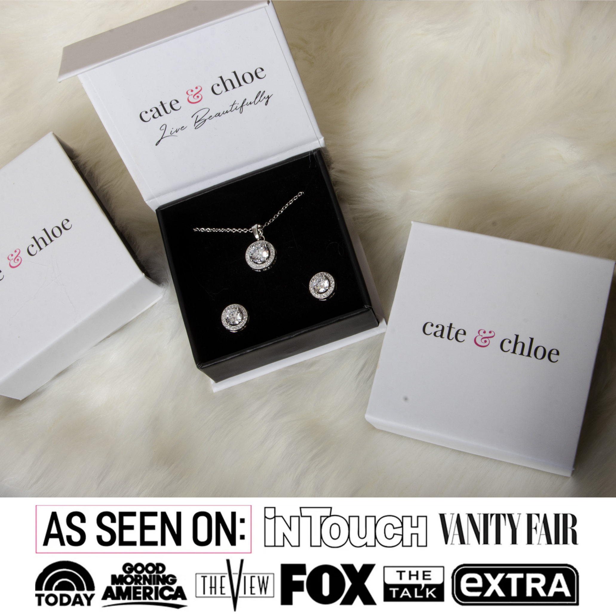 Blake 18k White Gold Plated Halo Stud Earrings and Necklace Jewelry Set with Simulated Diamond Crystals
