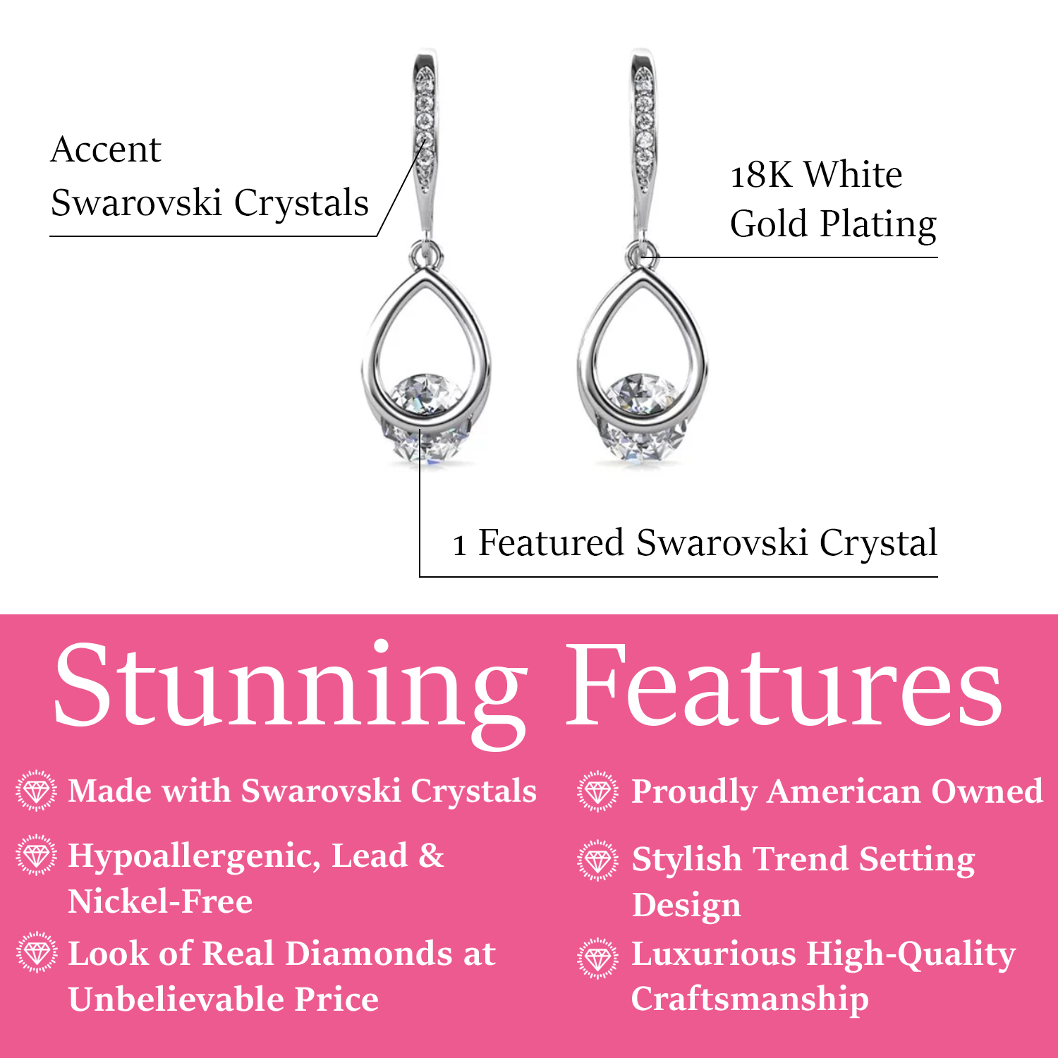 Brenda 18k White Gold Plated Drop Earrings with Swarovski Crystals