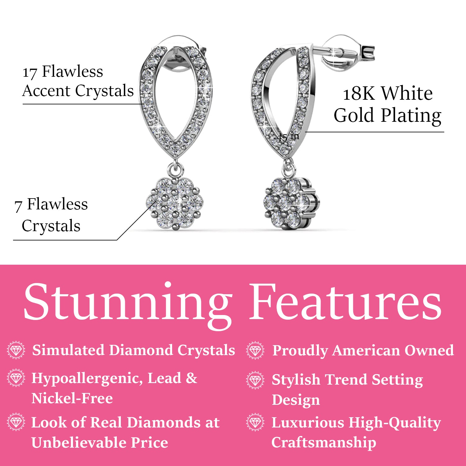 Megan 18k White Gold Plated Diamond Dangle Stud Earrings with Swarovski Crystals