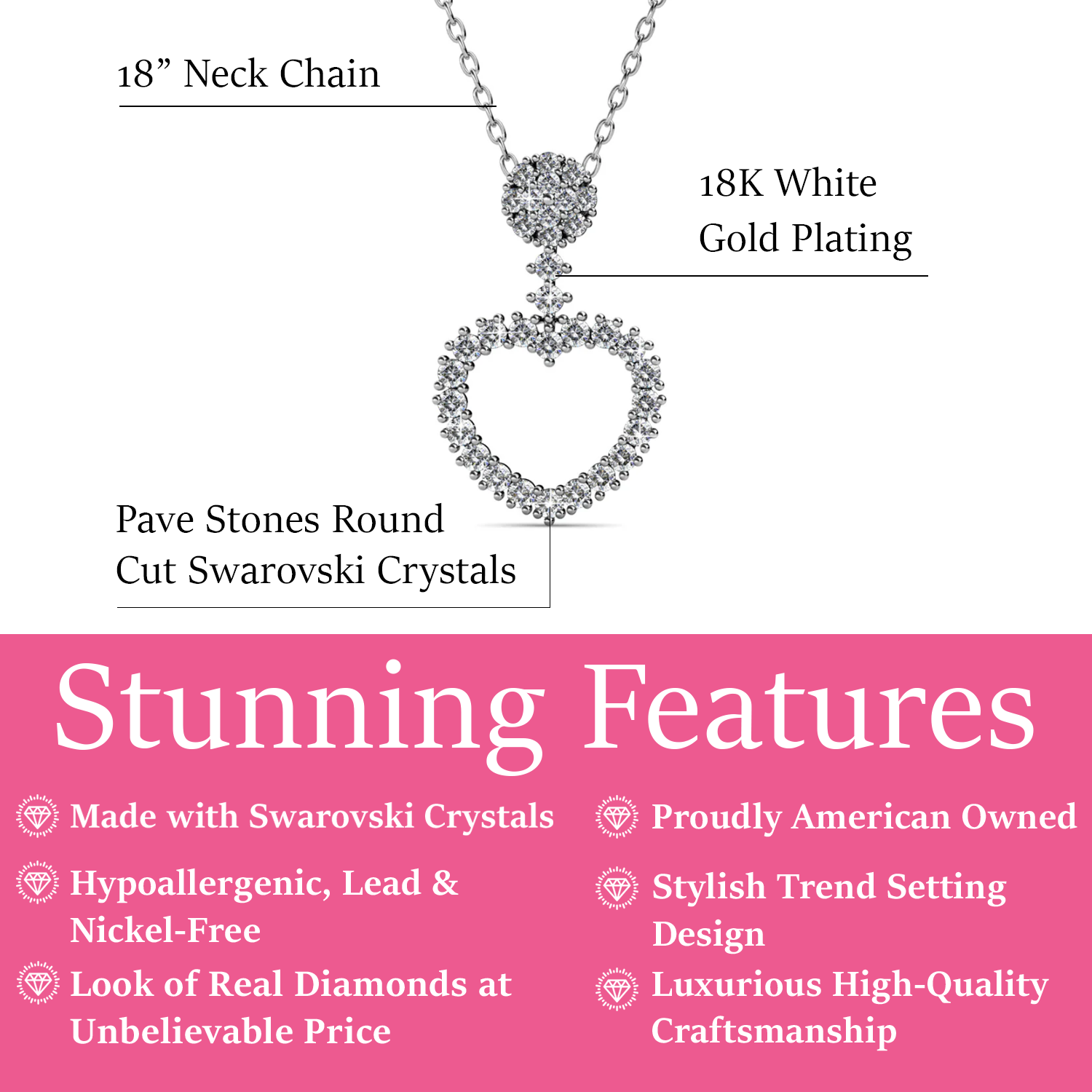 Brynn 18k White Gold Plated Heart Pendant Necklace with Swarovski Crystals
