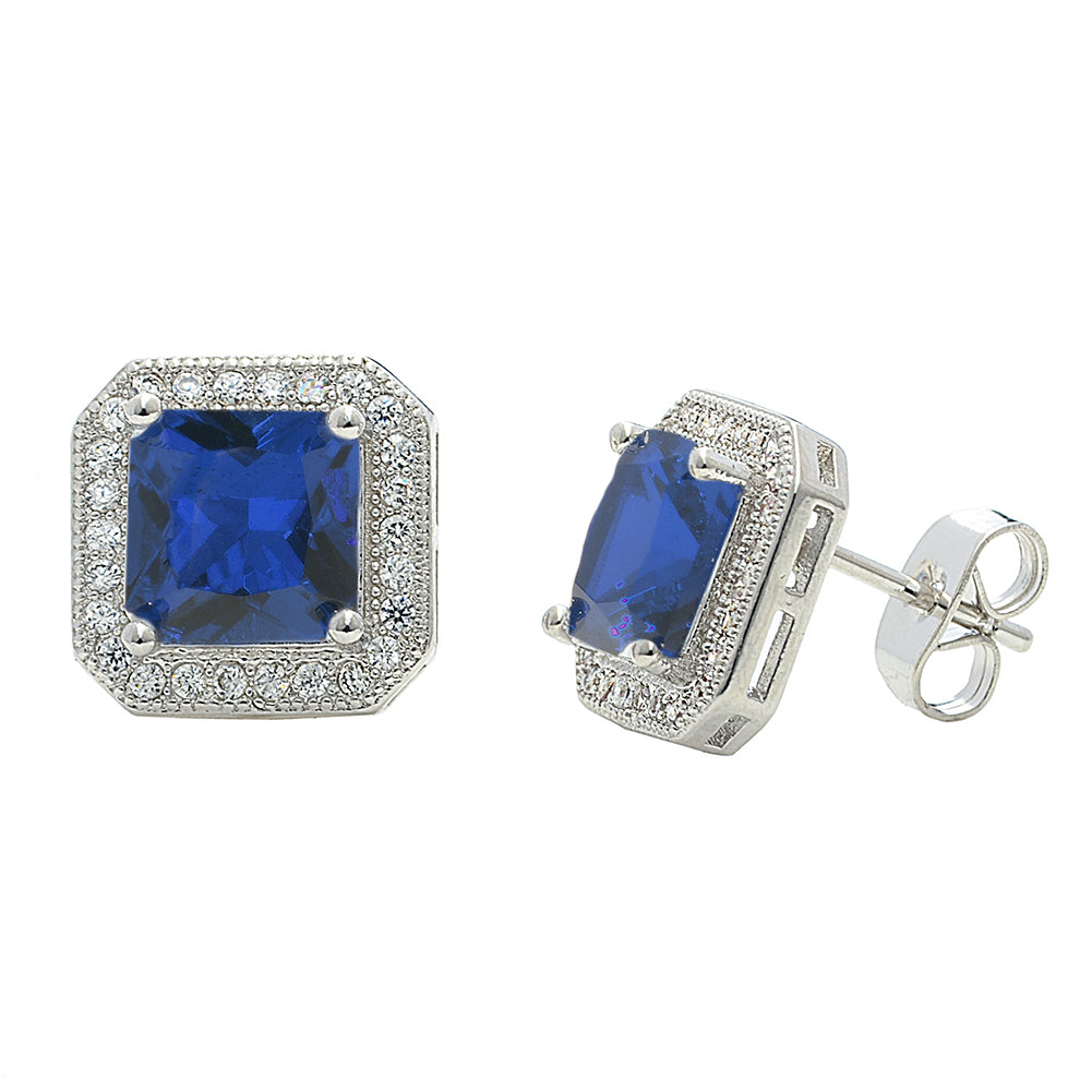 Londyn 18k White Gold Plated Princess Cut Halo Stud Earrings with Simulated Diamond Crystals — Final Sale