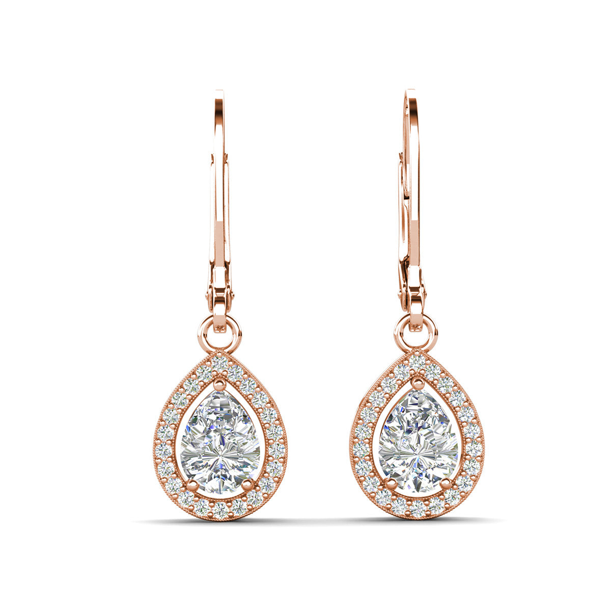 Izzy 18k White Gold Plated Halo Tear drop Dangle Earrings with Simulated Diamond Crystals