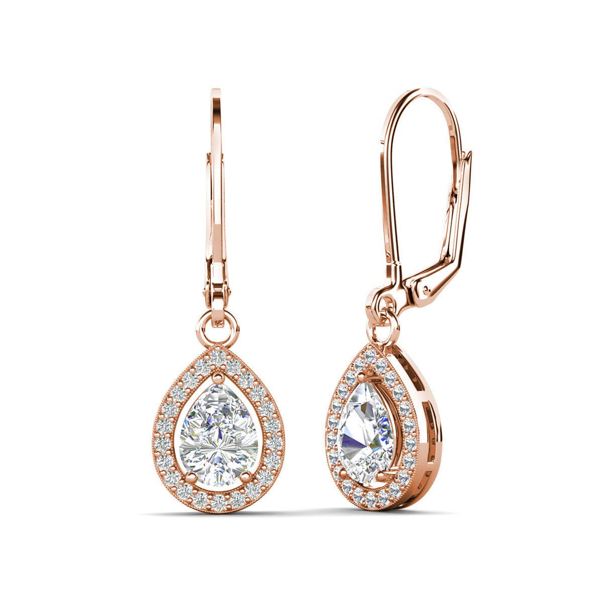 Izzy 18k White Gold Plated Halo Tear drop Dangle Earrings with Simulated Diamond Crystals