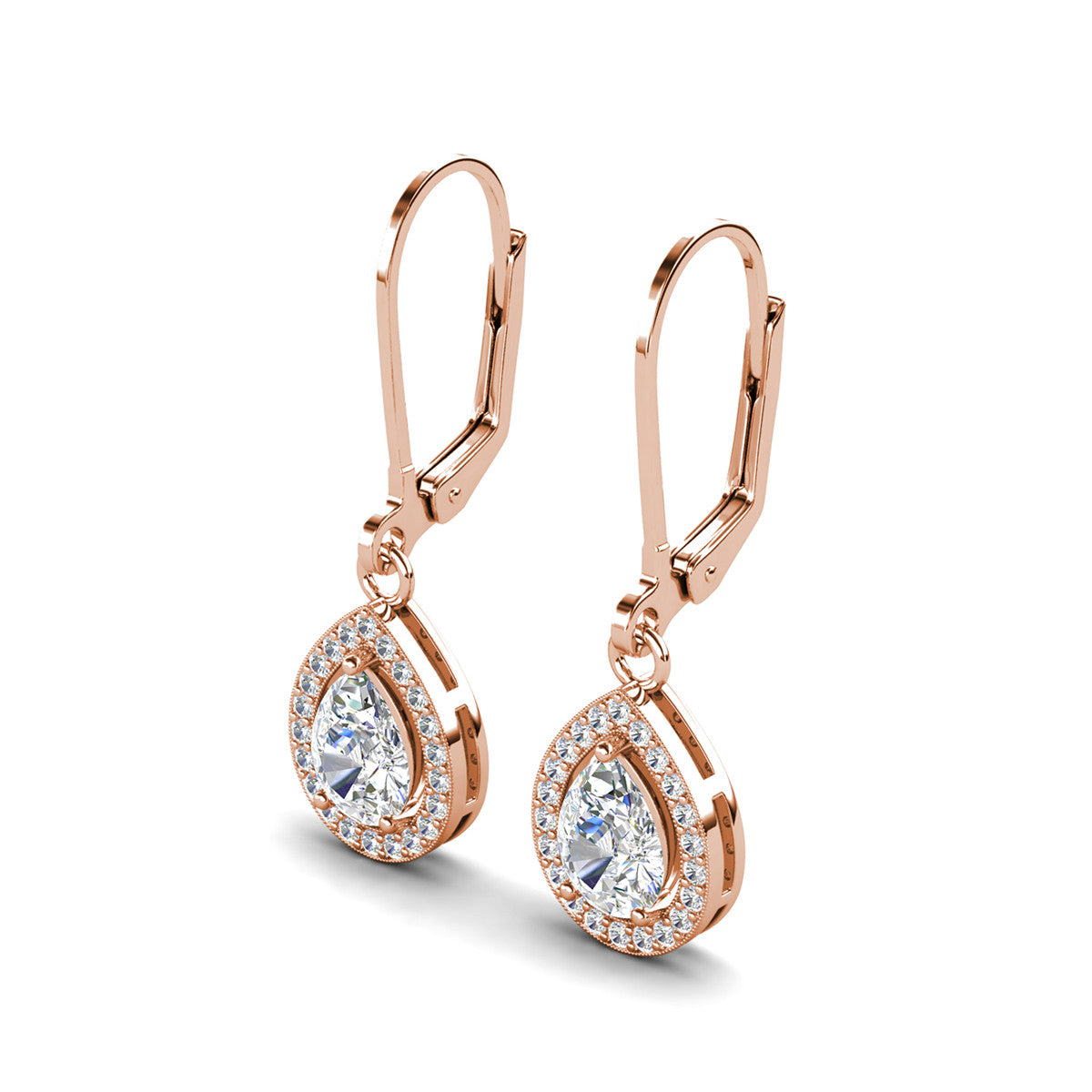 Izzy 18k White Gold Plated Halo Tear drop Dangle Earrings with Simulated Diamond Crystals