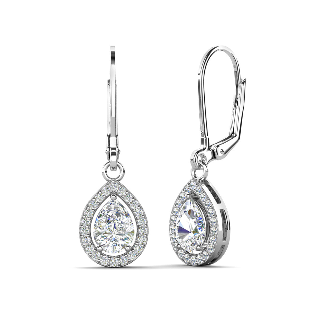 Izzy 18k White Gold Plated Halo Tear drop Dangle Earrings with Simulated Diamond Crystals