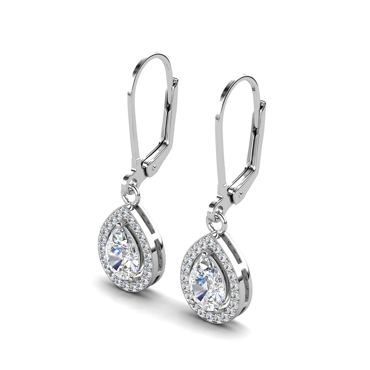 Izzy 18k White Gold Plated Halo Tear drop Dangle Earrings with Simulated Diamond Crystals