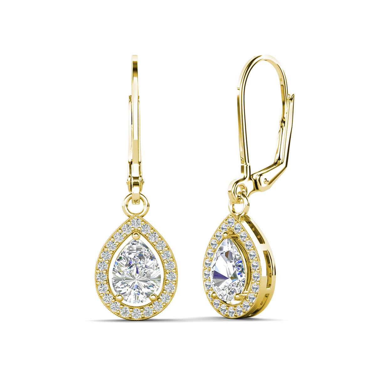 Izzy 18k White Gold Plated Halo Tear drop Dangle Earrings with Simulated Diamond Crystals