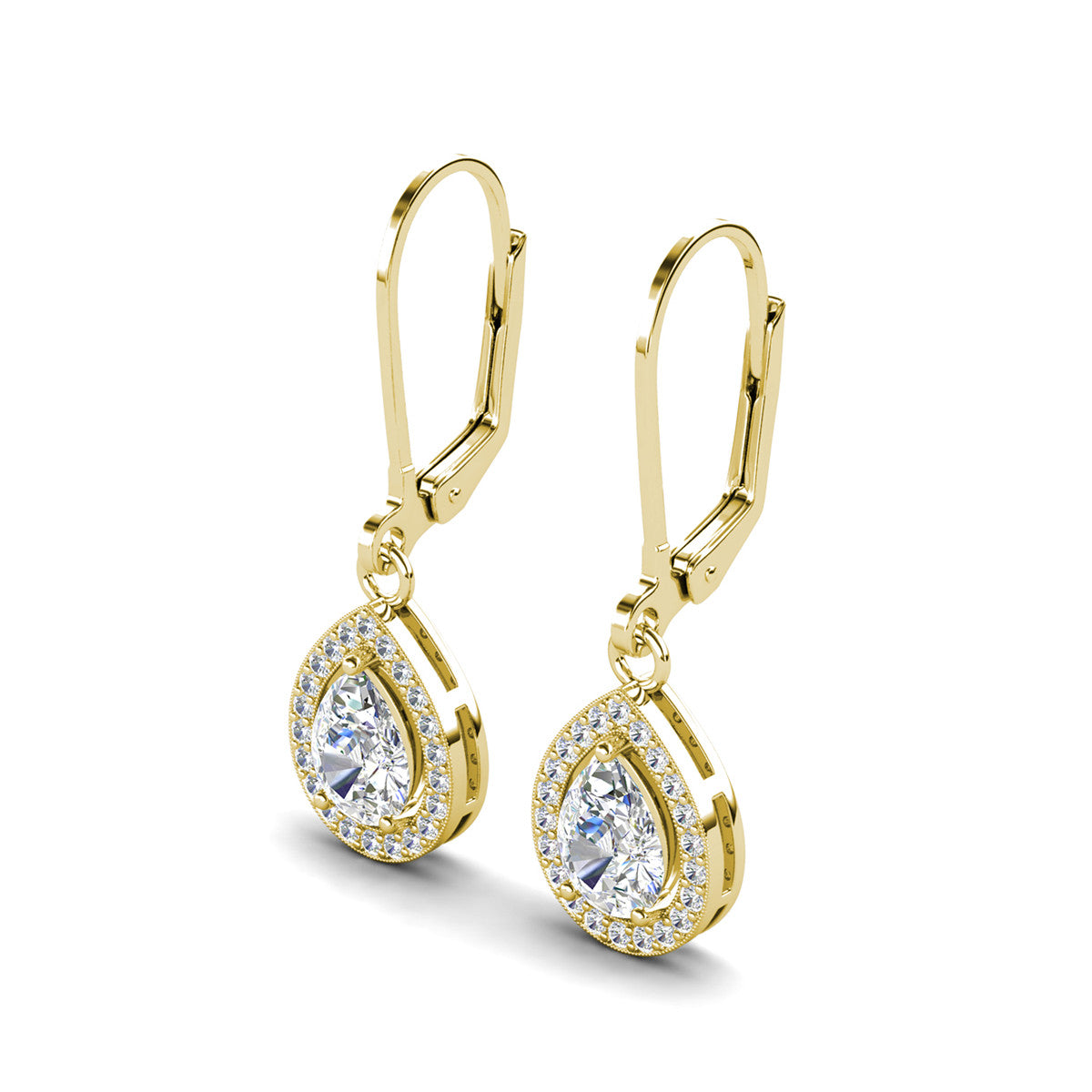 Izzy 18k White Gold Plated Halo Tear drop Dangle Earrings with Simulated Diamond Crystals