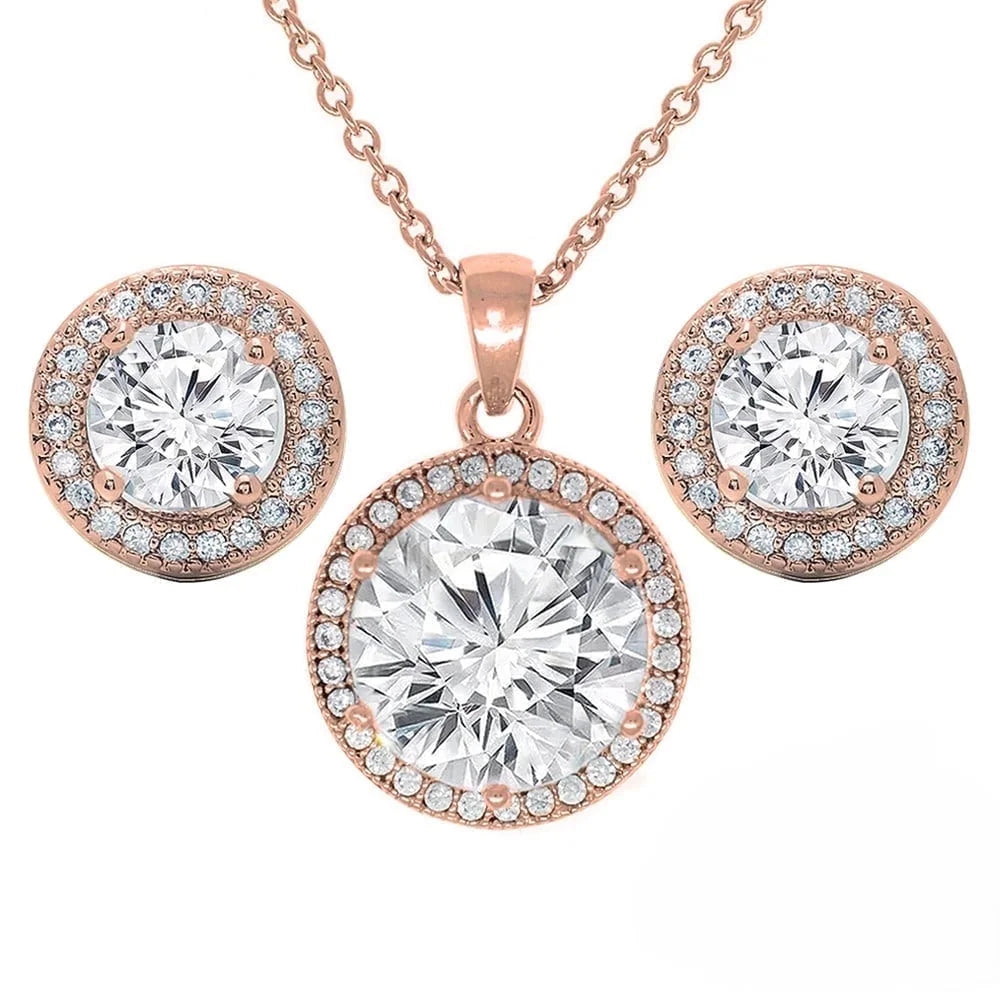 Mariah 18k White Gold Plated Halo Stud Earring and Necklace Jewelry Set with Simulated Diamond Crystals