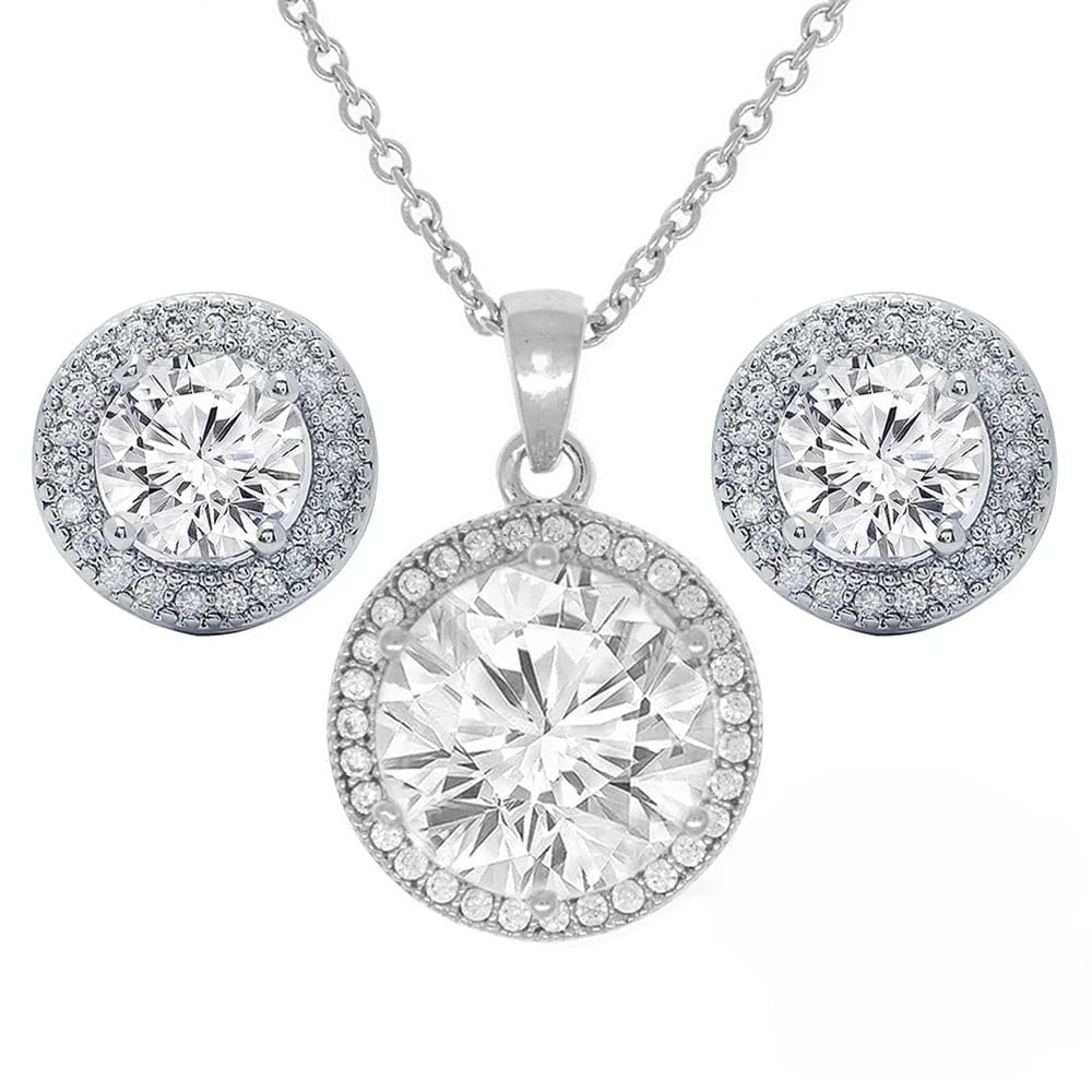 Mariah 18k White Gold Plated Halo Stud Earring and Necklace Jewelry Set with Simulated Diamond Crystals
