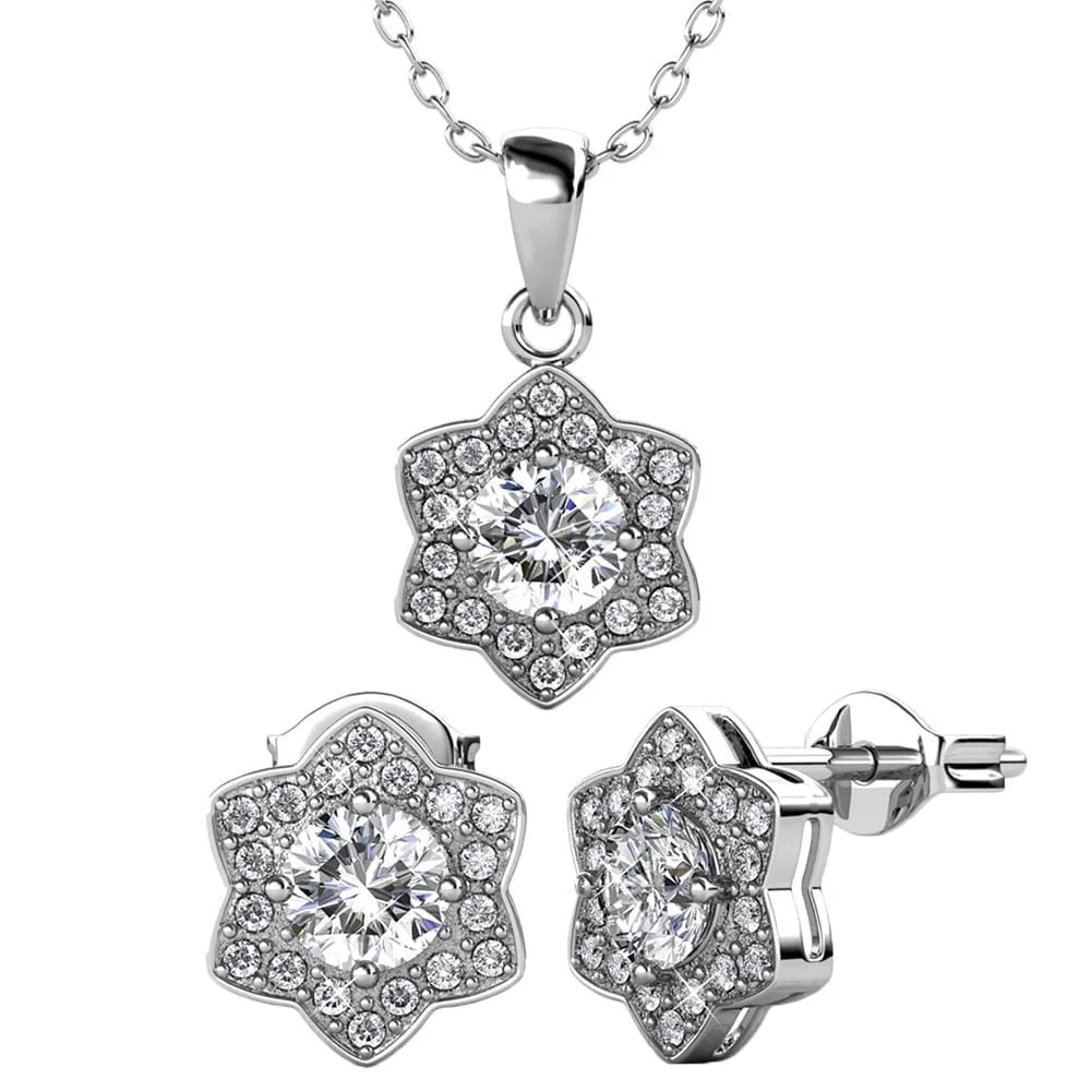 Poppy 18k White Gold Plated Pendant Necklace & Stud Earrings Set with Simulated Diamond Crystals