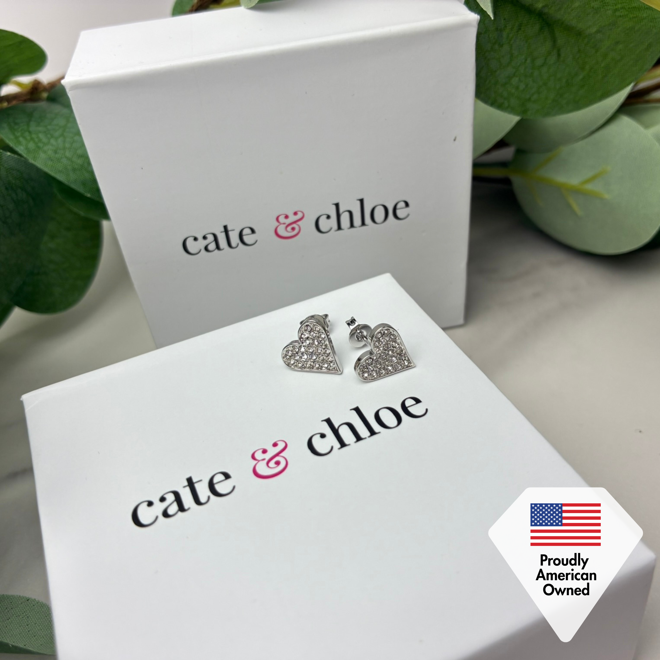 Cecilia 18k White Gold Plated Silver Heart Stud Earrings with Swarovski Crystals