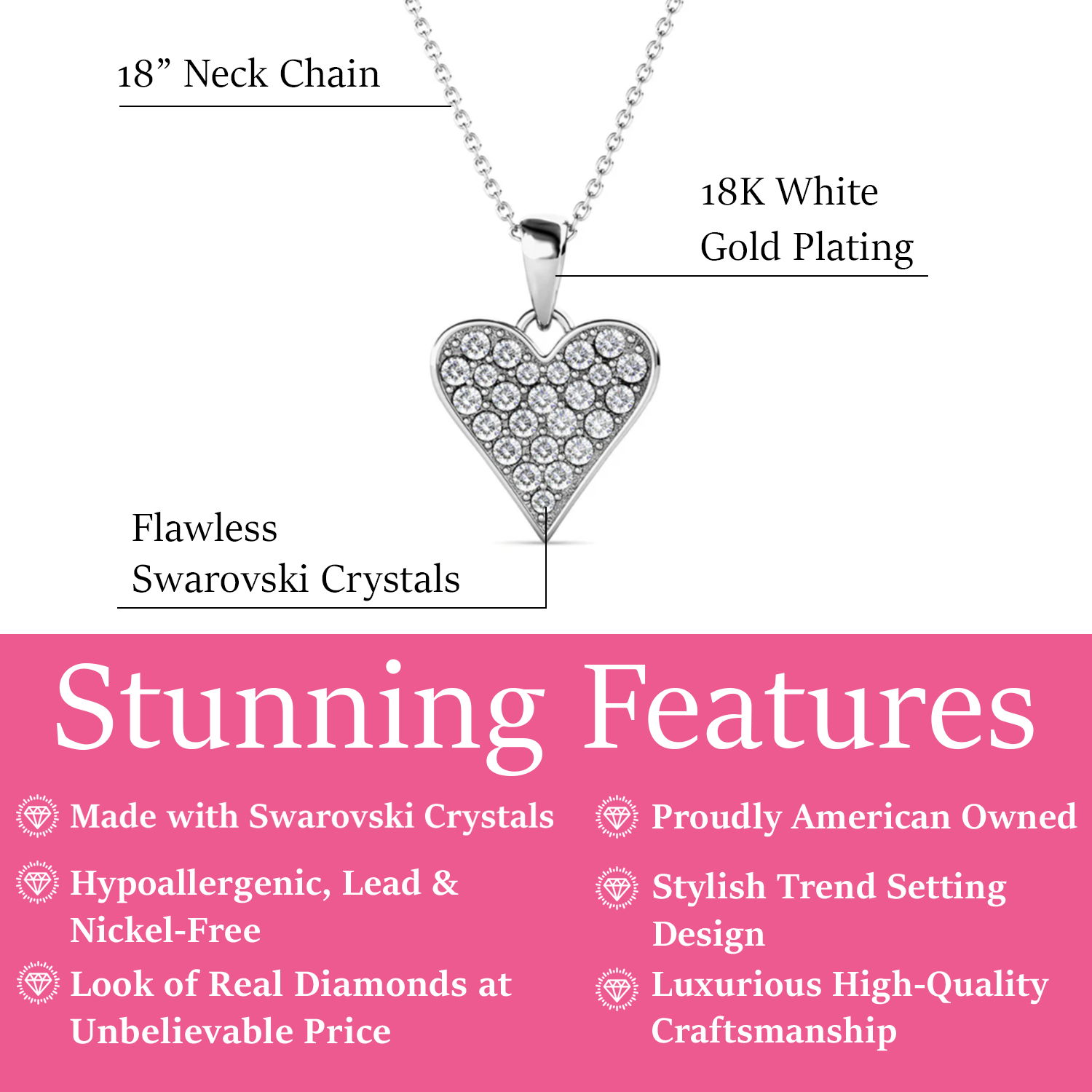 Cecilia 18k White Gold Plated Heart Pendant Necklace with Swarovski Crystals