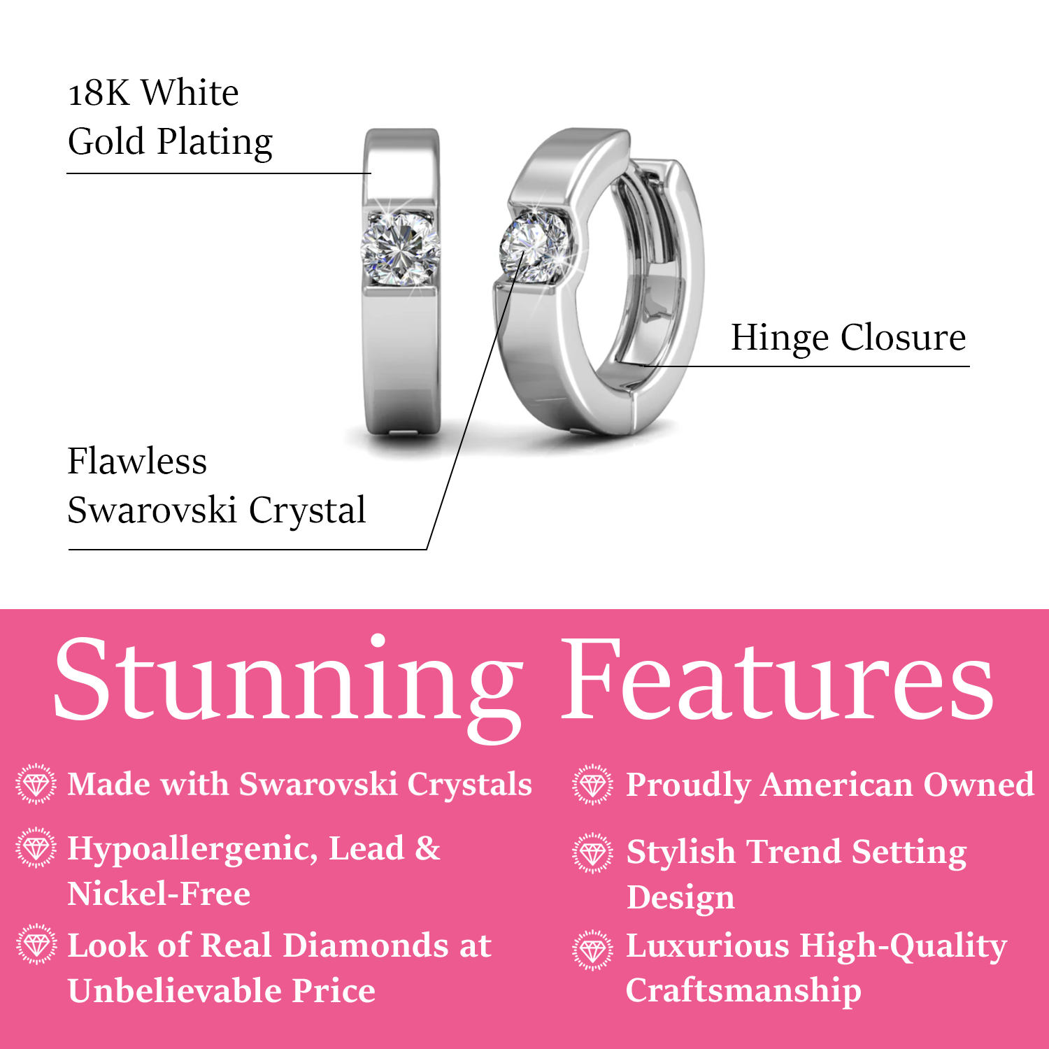 Charlie 18k White Gold Plated 14mm Hoop Earrings with Round Swarovski Crystals