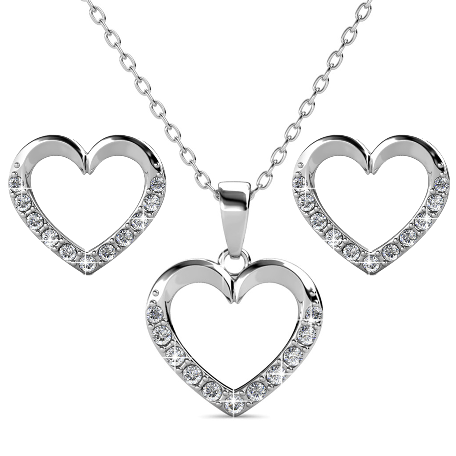 Chelsea 18k White Gold Plated Silver Heart Necklace and Earring Set with Swarovski Crystals