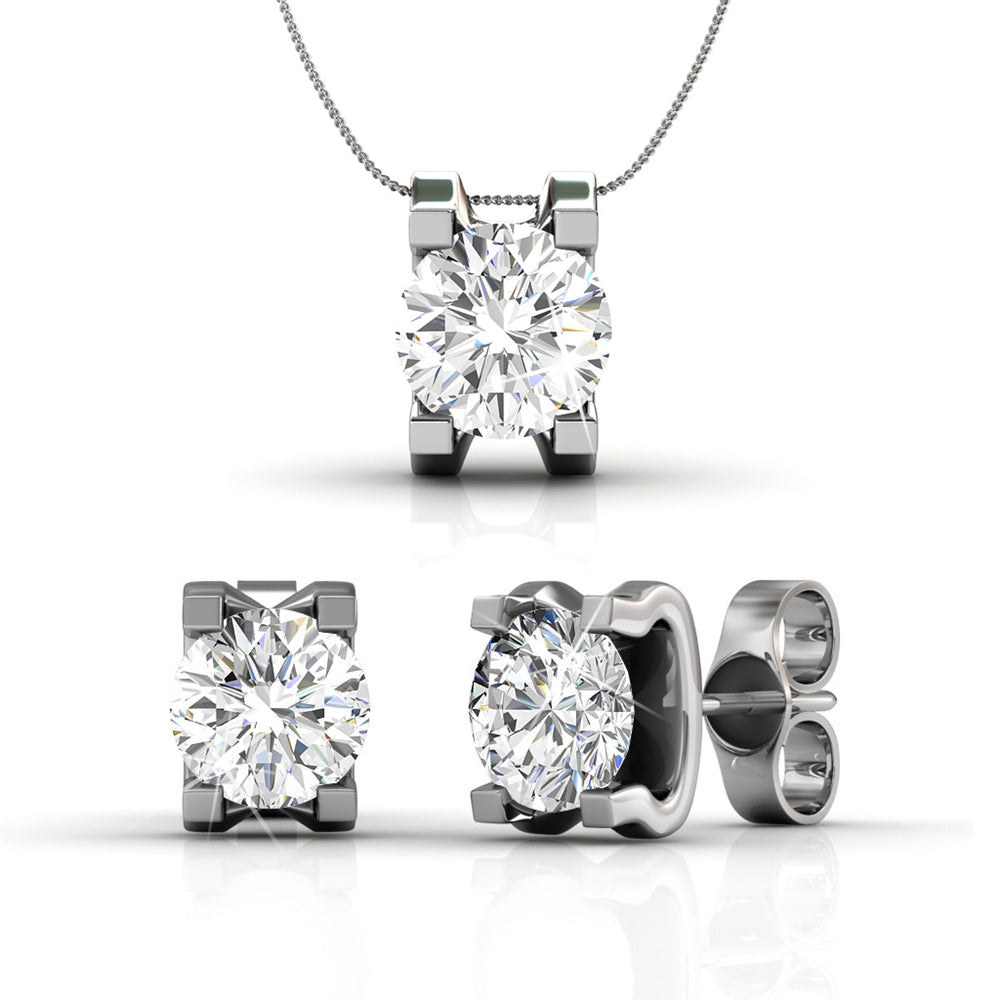 Clara 18k White Gold Plated Necklace and Earrings Jewelry Set with Solitaire Round Cut Swarovski Crystal — Final Sale
