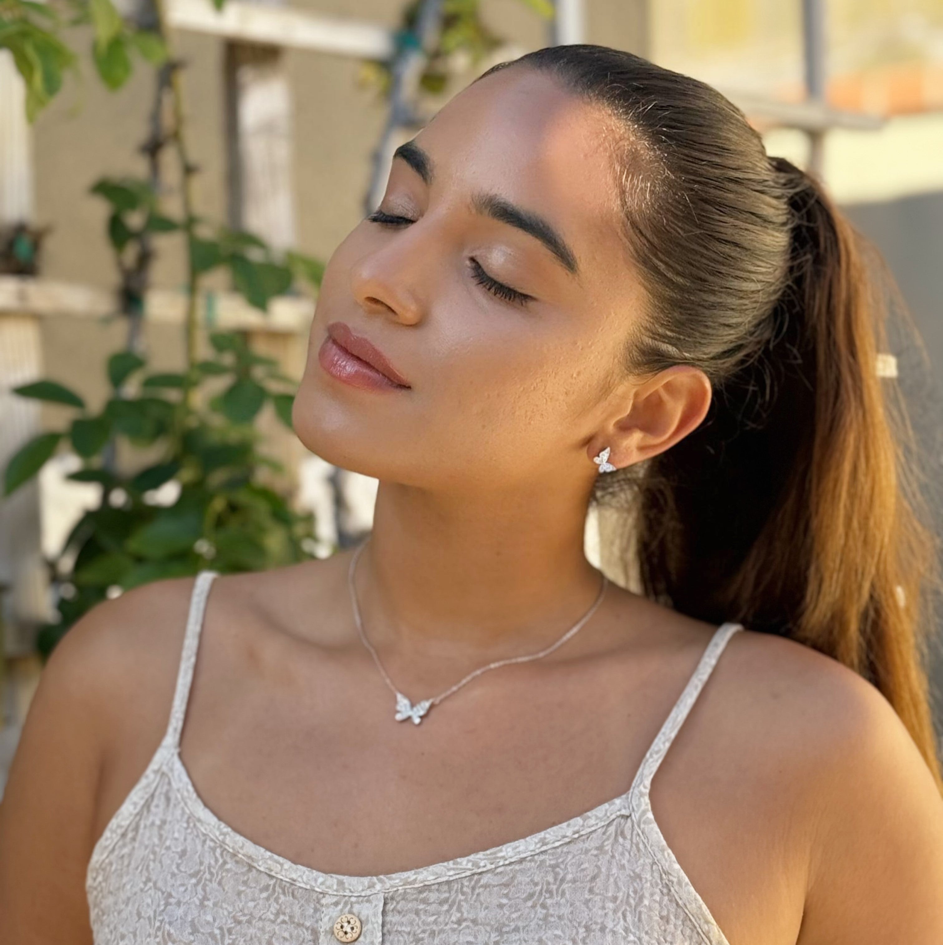 Yuenen 18k White Gold Plated Silver Butterfly Necklace and Earring Set with Swarovski Crystals