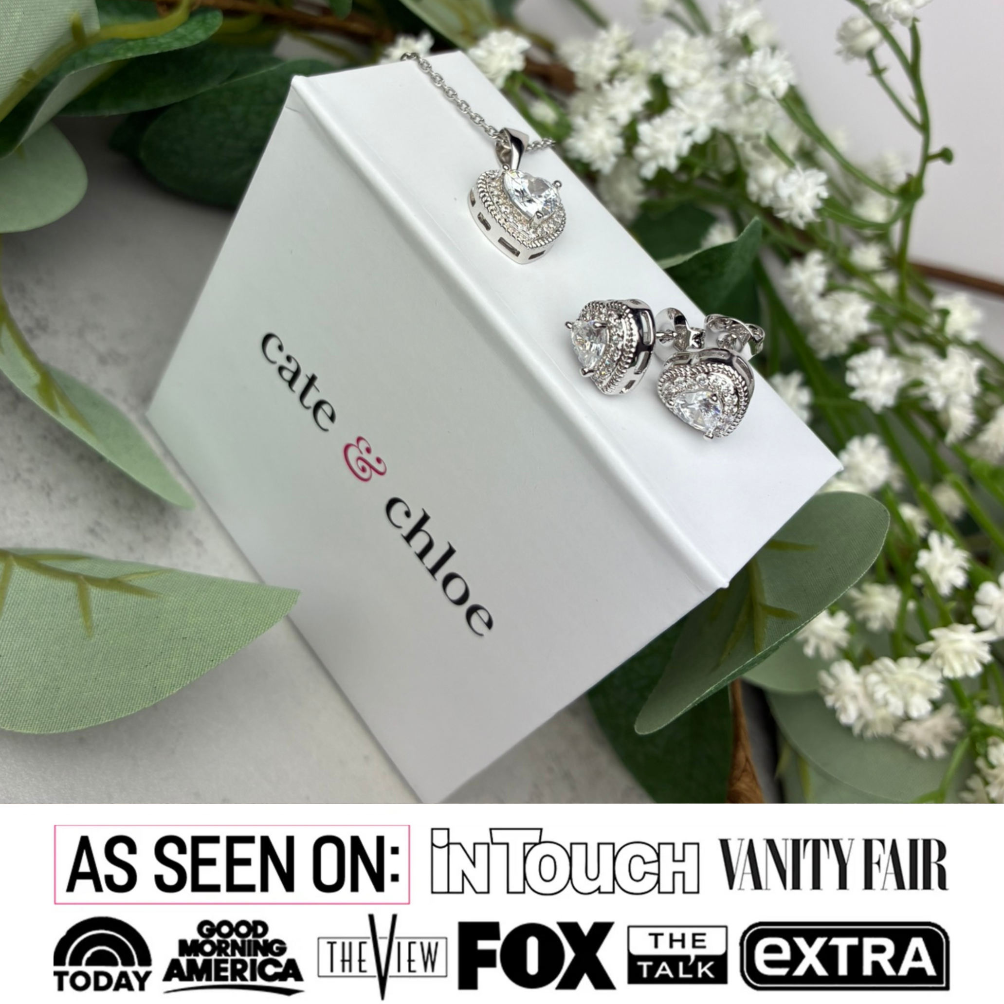 Coraline 18k White Gold Plated Heart Stud Earrings and Necklace Jewelry Set with Simulated Diamond Crystals