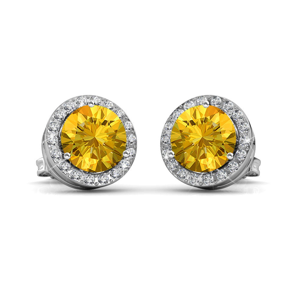 Royal 18k White Gold Plated November Birthstone Halo Earrings with Round Cut Citrine Swarovski Crystals